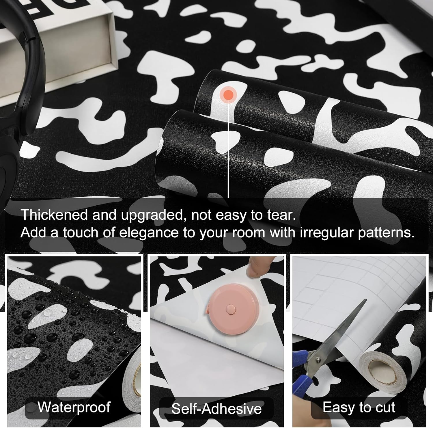 Black Contact Paper Composition Wallpaper Peel and Stick Wallpaper Vintage / 17.3 x 120 / White