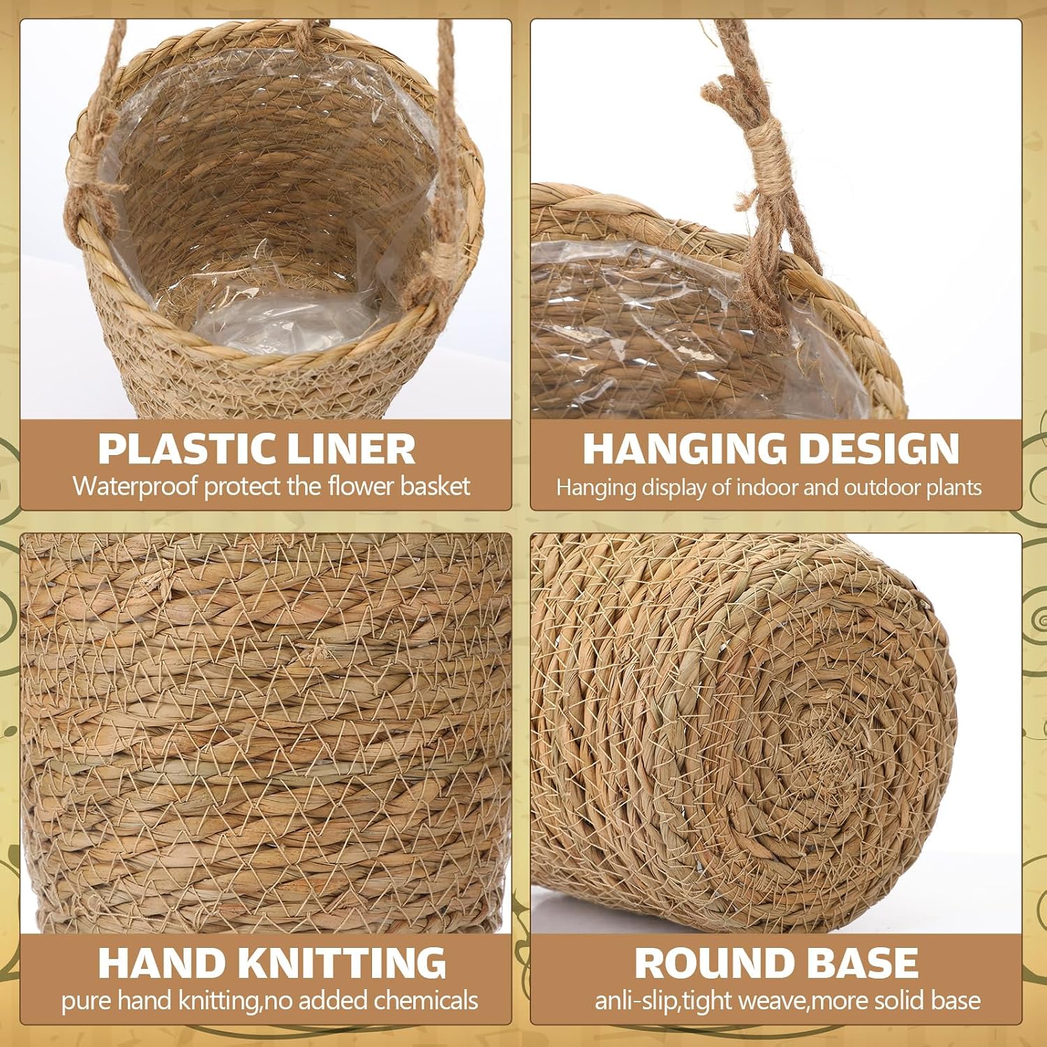 Seagrass Hanging Planter Basket Hand Woven Plant Basket / Brown / Small / Set of 6