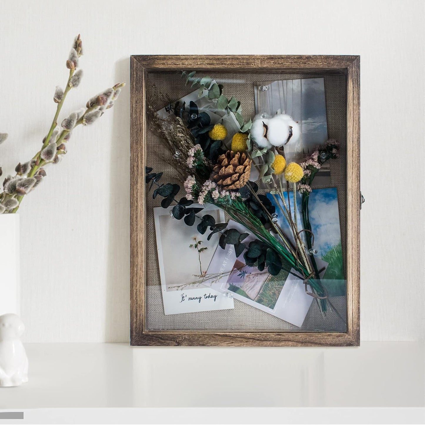 GraduationMall 11x14 Shadow Box Frame Solid Wood Glass Door Display Case with Linen Back and 6 Stick Pins,1.5 inches