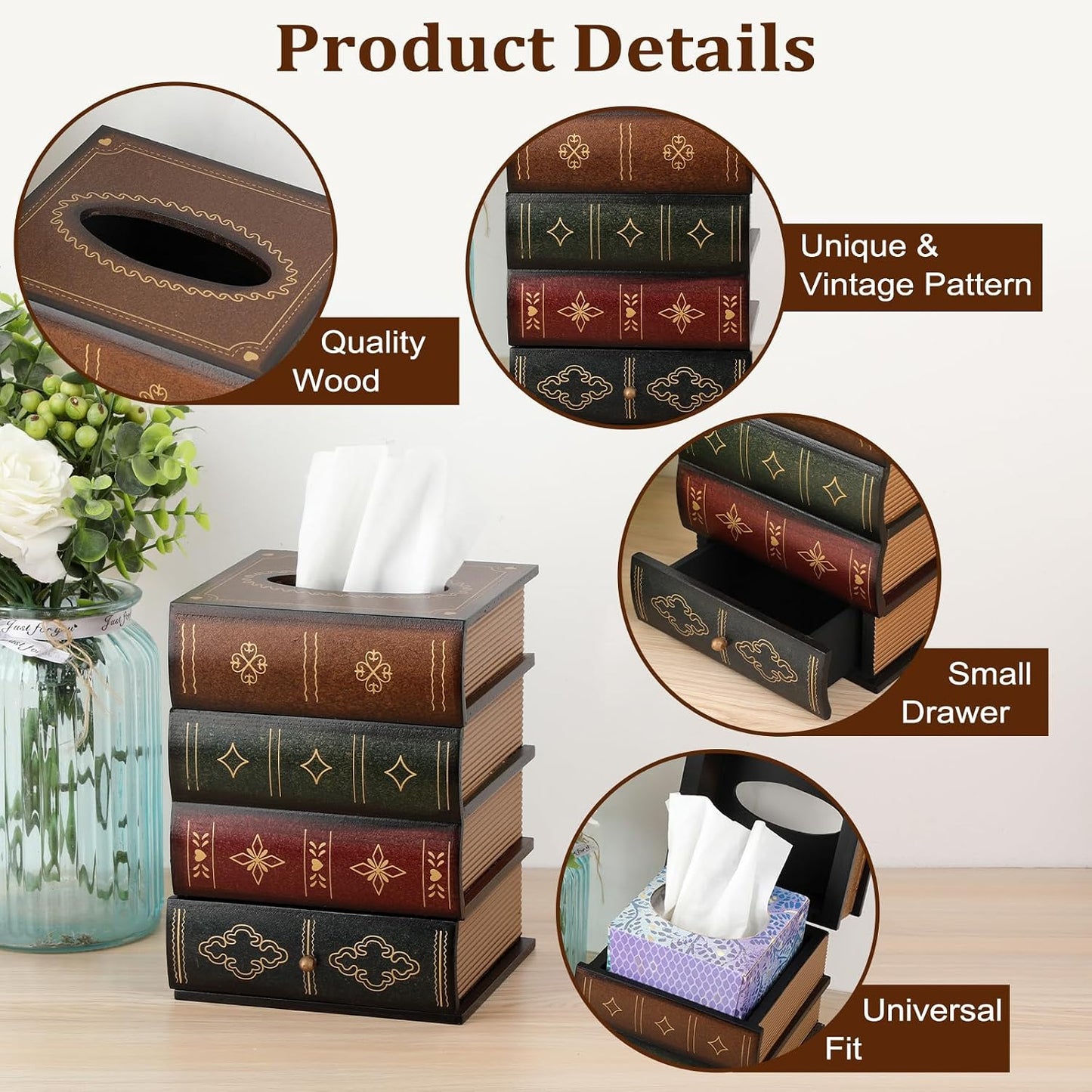 Antique Wooden Book Tissue Box Cover / Brown Top