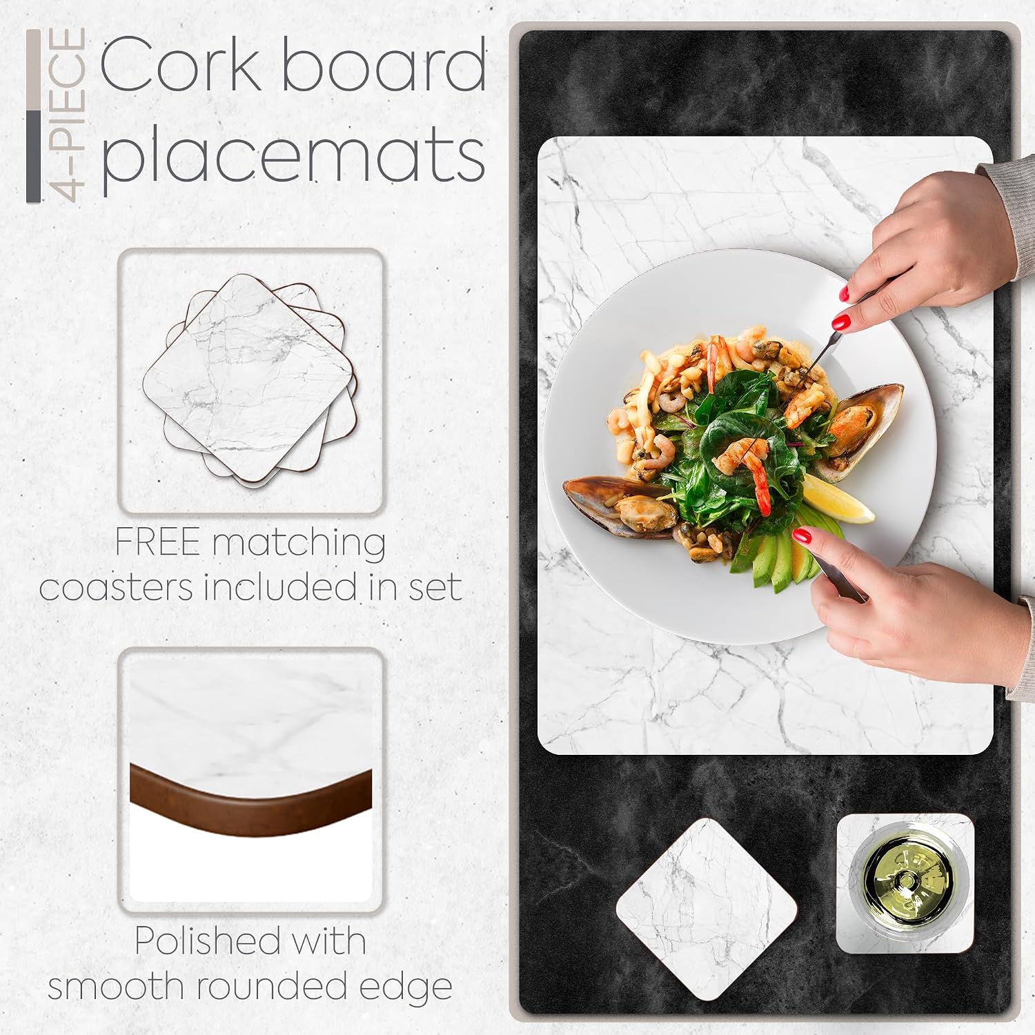 Heat Resistant Cork Placemats for Dining Table / White Marble / Set of 4