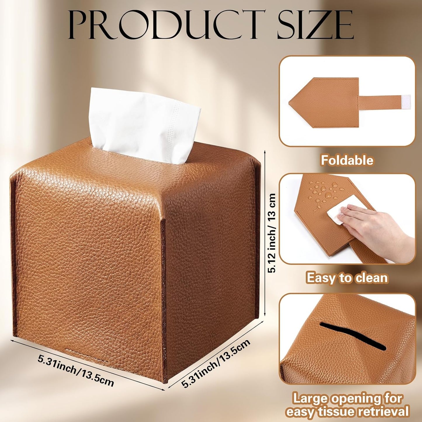 Tissue Box Cover Square PU Leather Tissue Box Holder Modern Facial Paper / Caramel Color / Set of 3