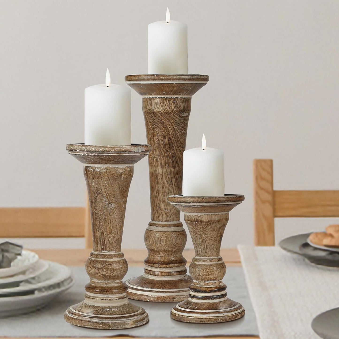 Homebia Design White Wash Mango Wood Candle Holder Set of 3 – 10, 8, 6 Inch