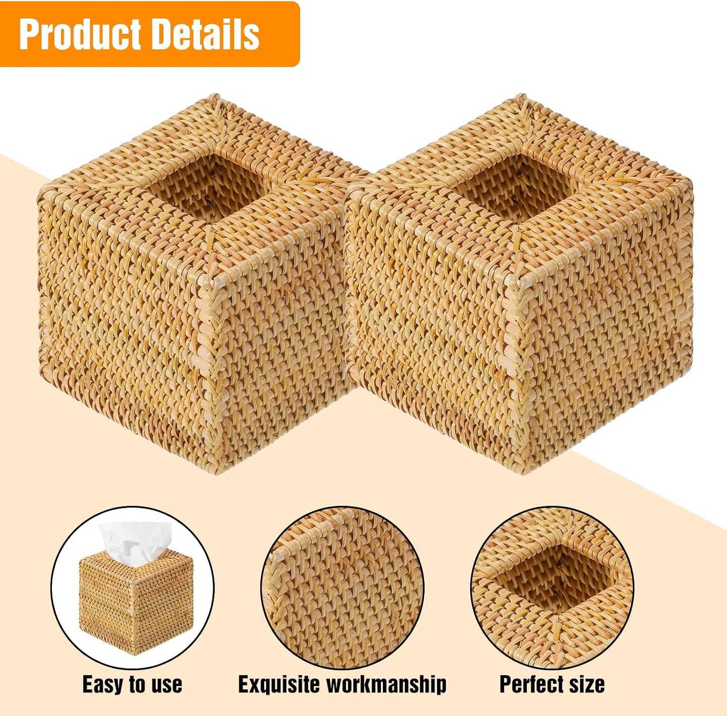 Square Rattan Tissue Box Cover / Natural / Set of 2
