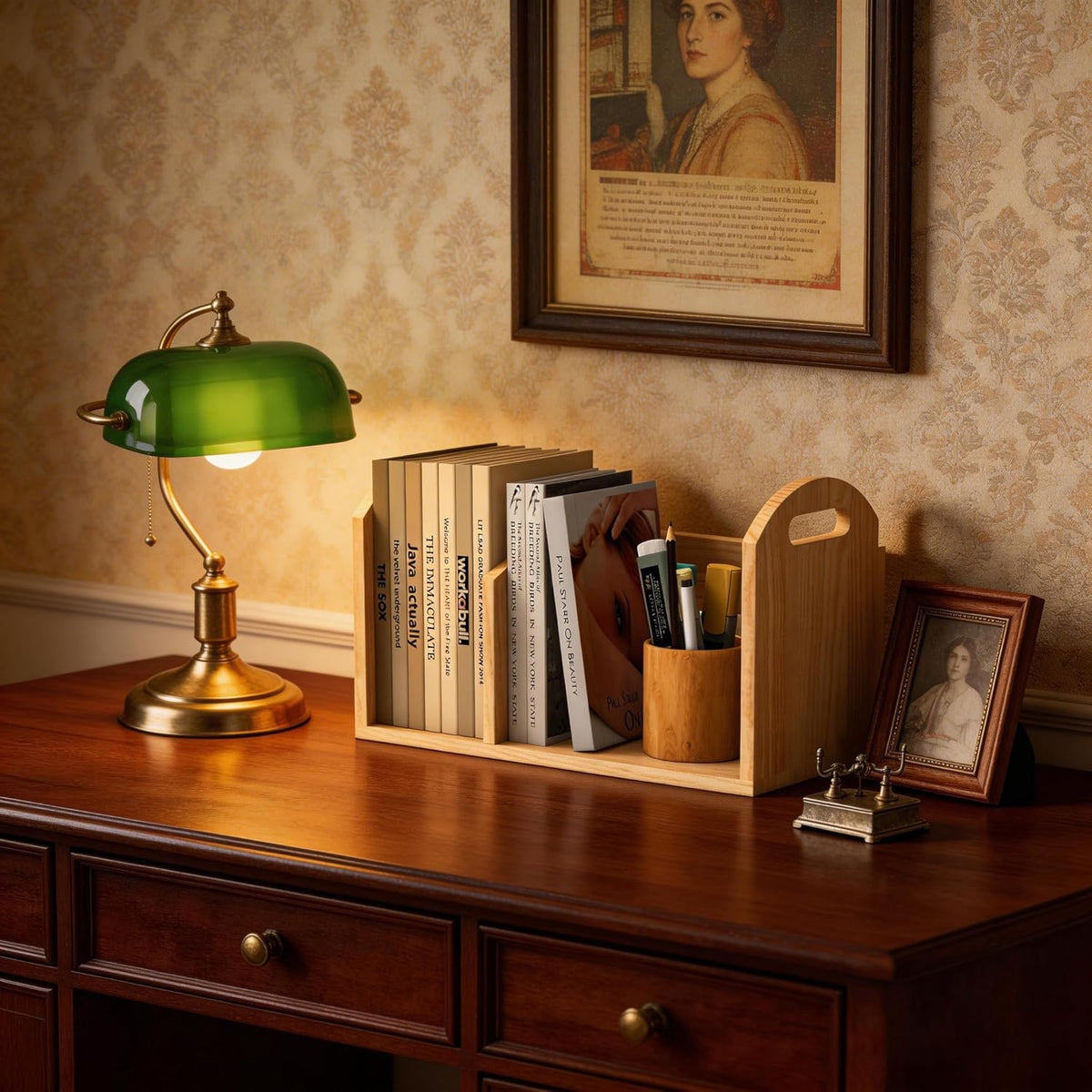 Wood Desktop Bookshelf, Upright Tabletop Book Shelf With Adjustable Divider Secure Books in Place, Desk Shelf for Top
