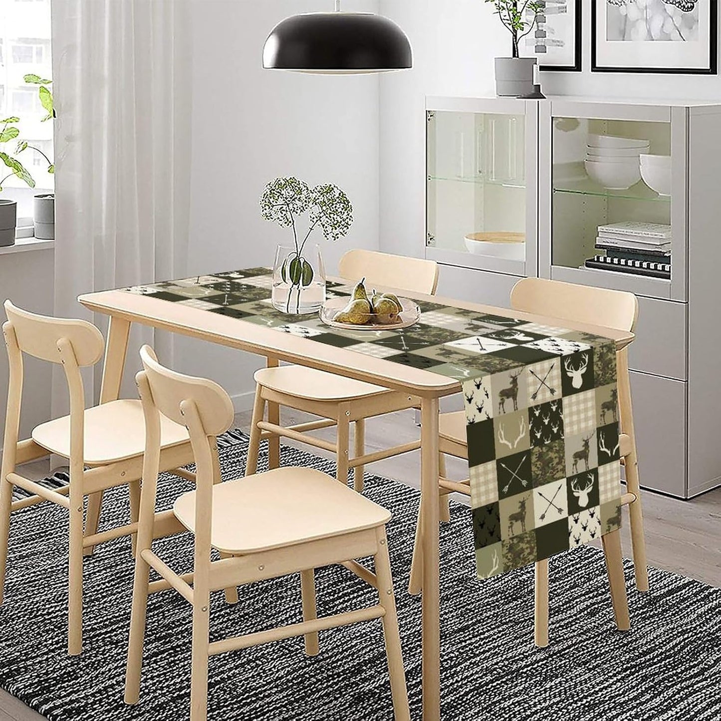 Farmhouse Moose Deer Bear Table Runner,Camouflage Vintage Bear Cottage Country Style Pattern Printed Linen Table Runner