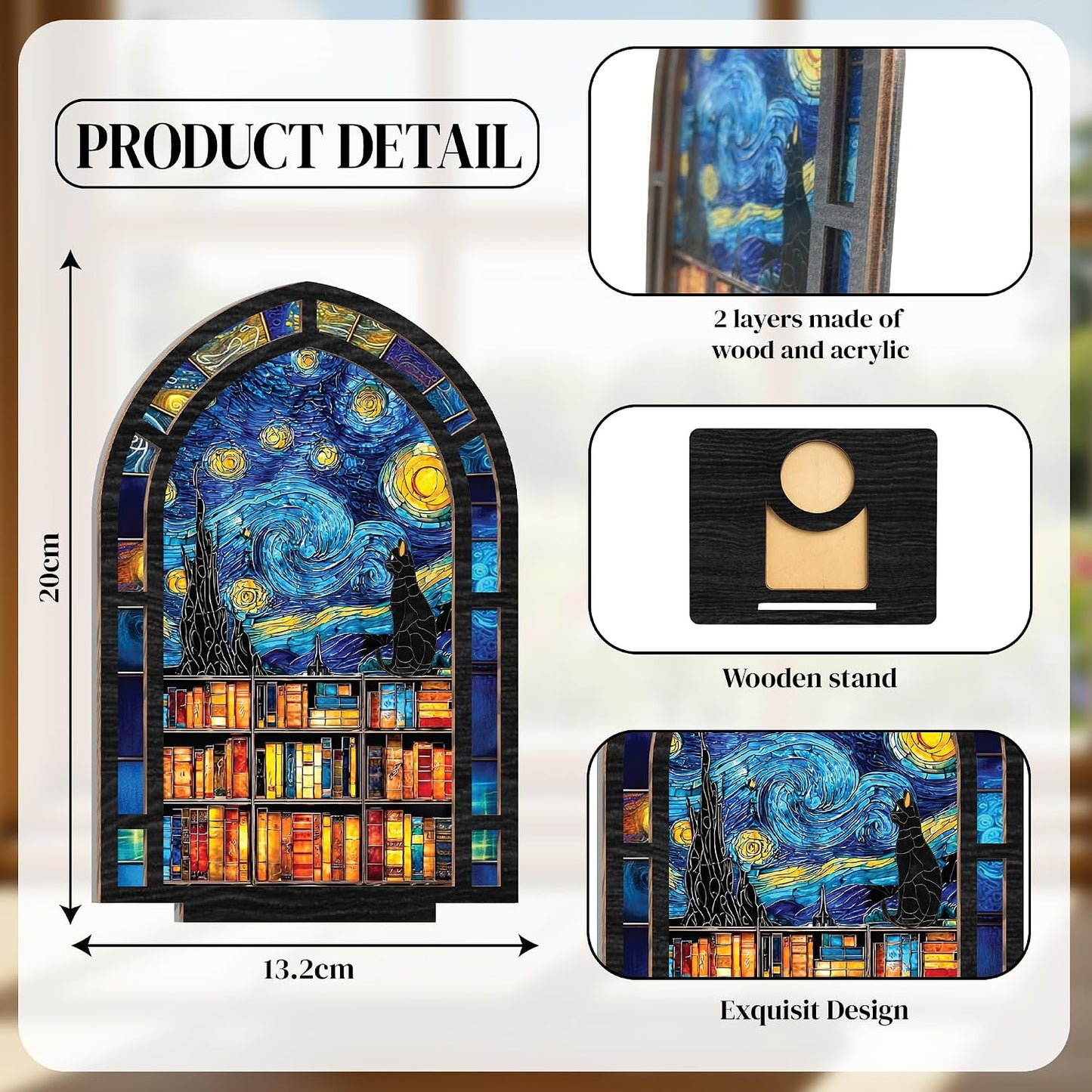Starry Night Stained Glass Book Nook Candle Holder / Starry Night Cat Suncatcher Candle Holder
