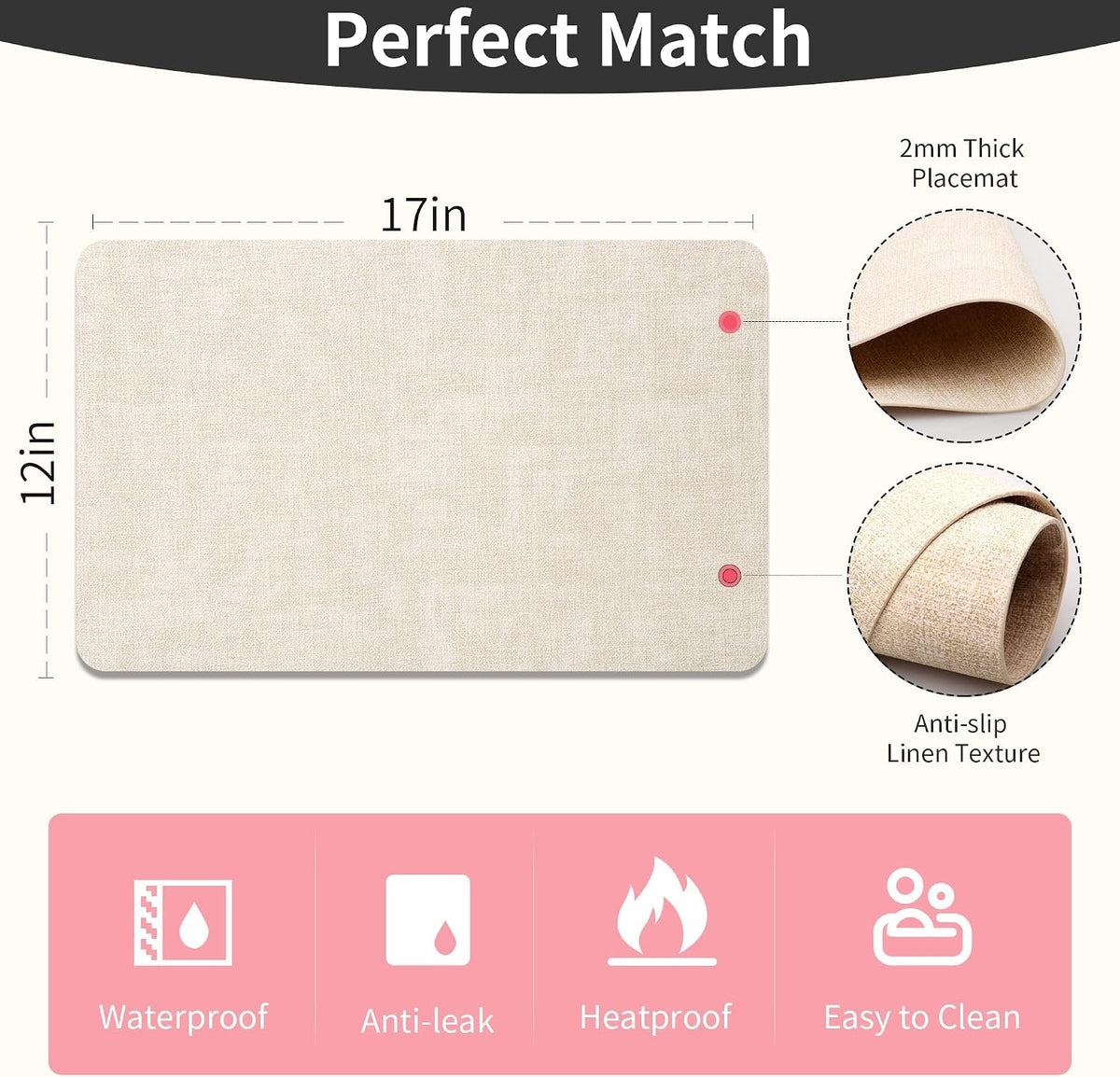 Maxpearl Faux Leather Placemats Set of 8, Easy to Clean, Beige | Waterproof - Heat Resistant - Non Slip - Wipe Clean