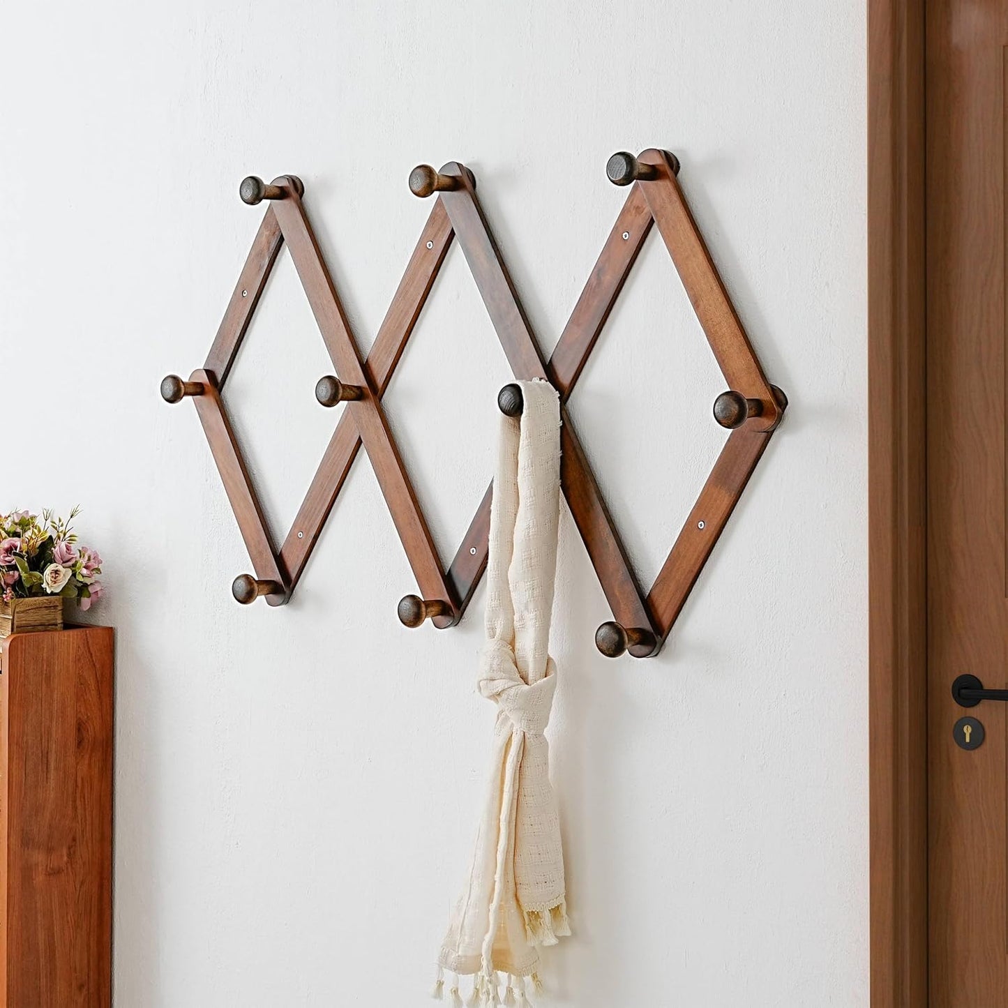 Expandable Coat Rack (Larger Version) - 24” High, Anti-Slip, Ultra Heavy Duty Wooden Accordian Wall Hanger with 10