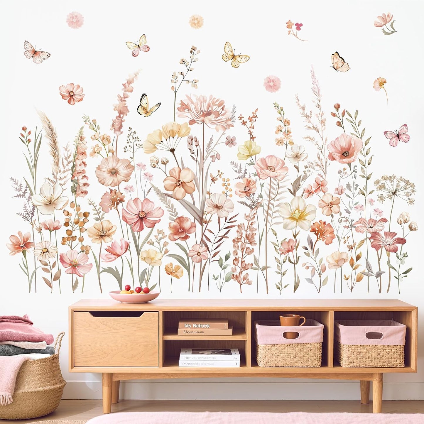 Watercolor Boho Flowers Wall Decals Wildflower Floral Grass Plants Butterfly Wall Stickers Bedroom