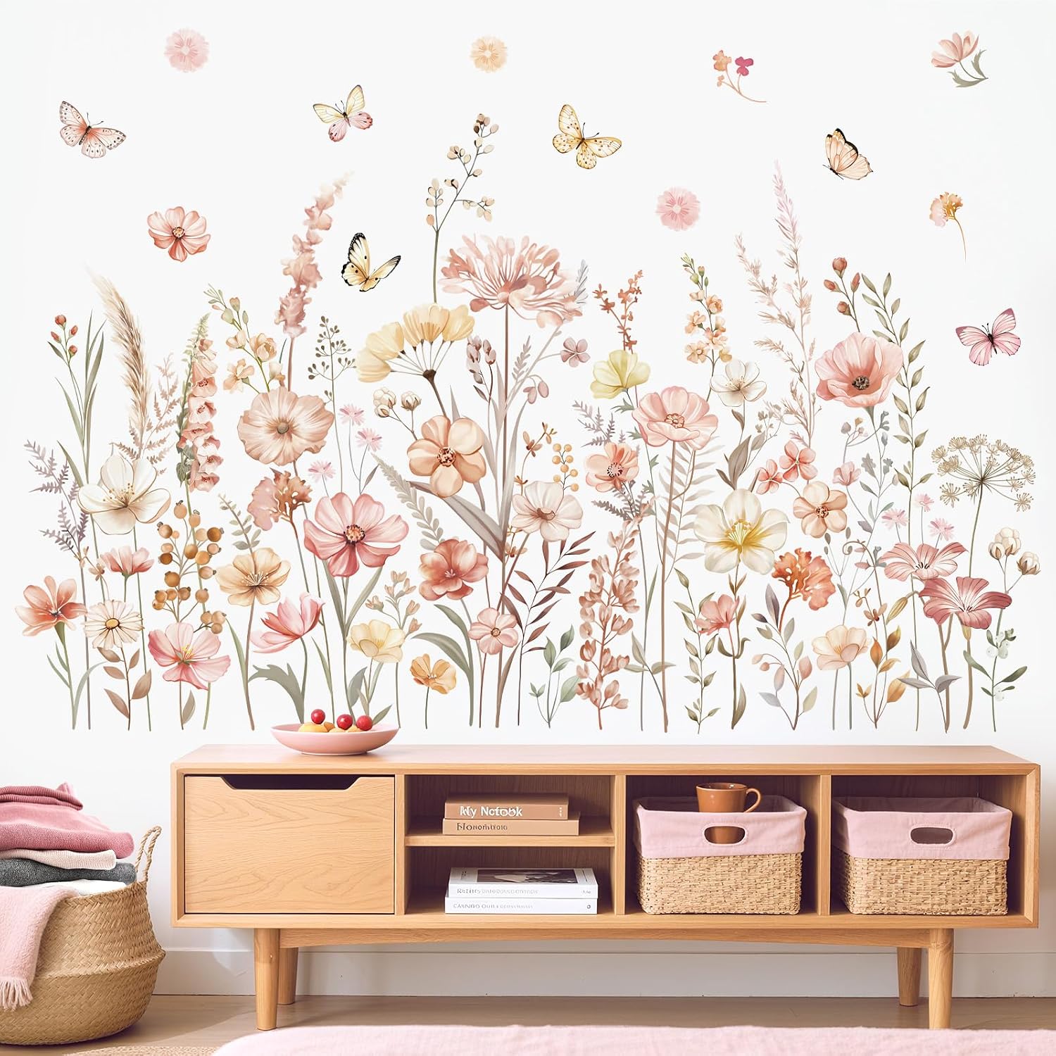 Watercolor Boho Flowers Wall Decals Wildflower Floral Grass Plants Butterfly Wall Stickers Bedroom