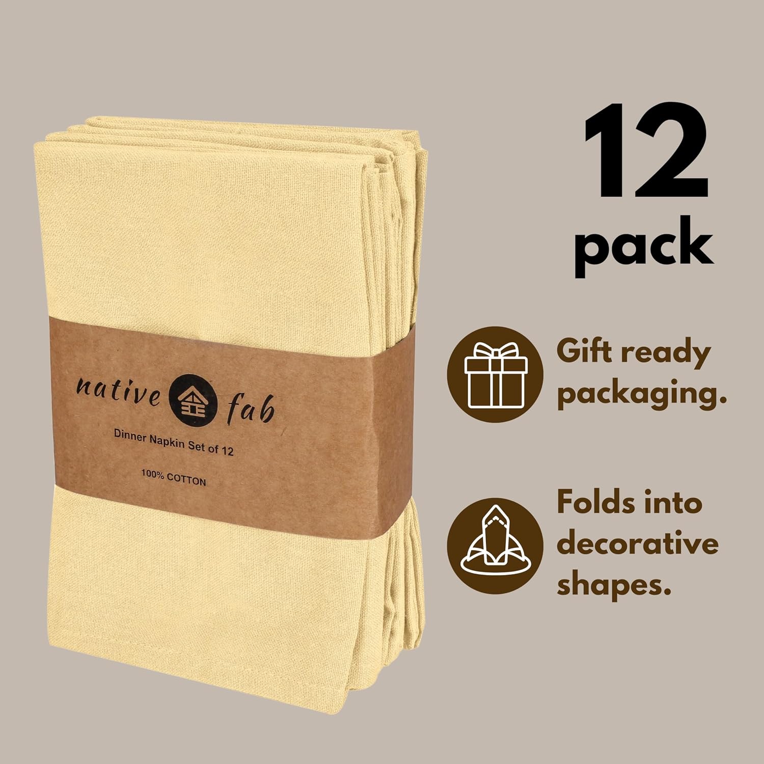Native Fab Pale Yellow Easter Cloth Napkins Set of 12 Bulk - 100% Cotton Spring Dinner Napkin 17 x 17 - Soft