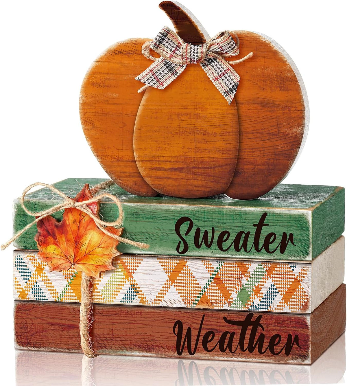 FairySandy 4 Pcs Fall Decor Thanksgiving Wooden Pumpkin Book Table Decor