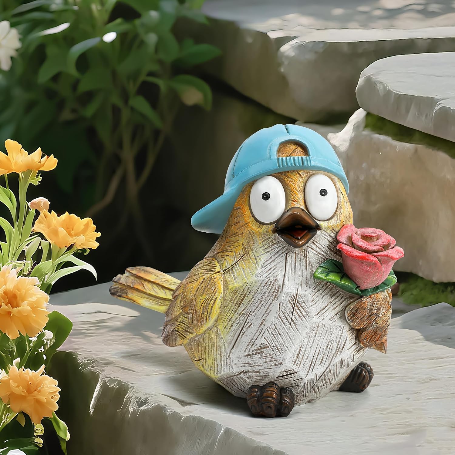 Garden Bird Statue for Decorations Outdoor Animal Figurines Little Bird Holding Flowers Sculpture