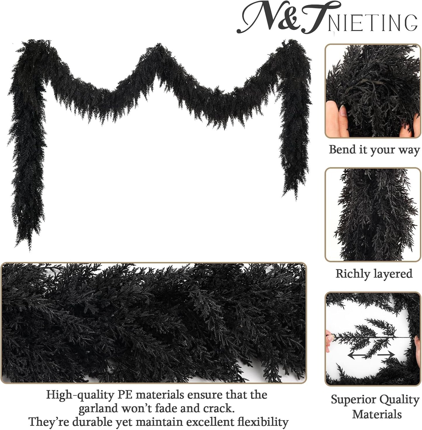 2PCS 9FT Halloween Cedar Garland, Black Real Touch Christmas Decorations | Realistic Thick Soft Full Lush Artificial