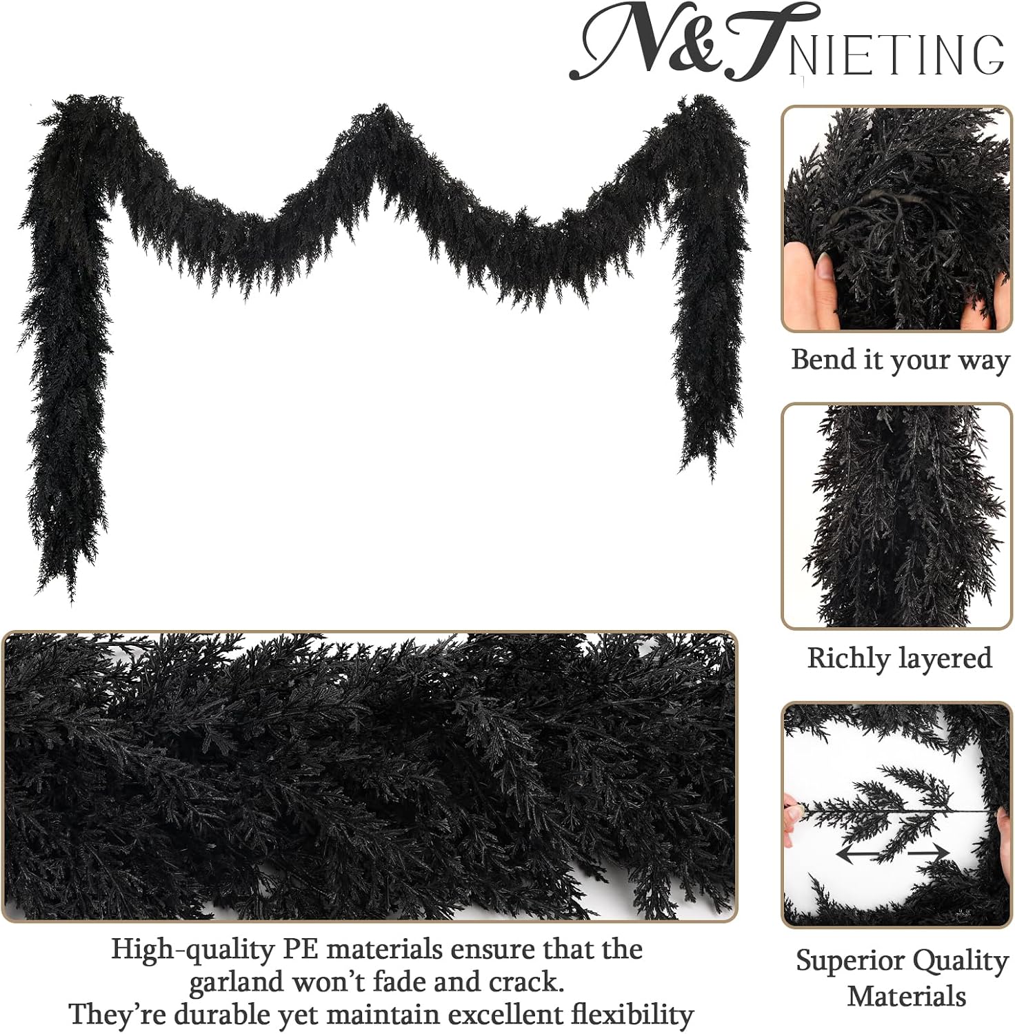 2PCS 9FT Halloween Cedar Garland, Black Real Touch Christmas Decorations | Realistic Thick Soft Full Lush Artificial