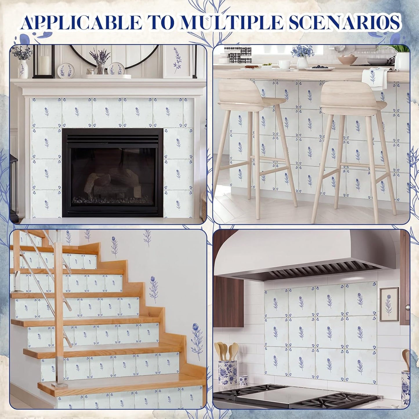 Delft White Flower Tile Stickers Vintage Flower Peel / Delft Flower / Blue / 4 x 4 / Set of 24