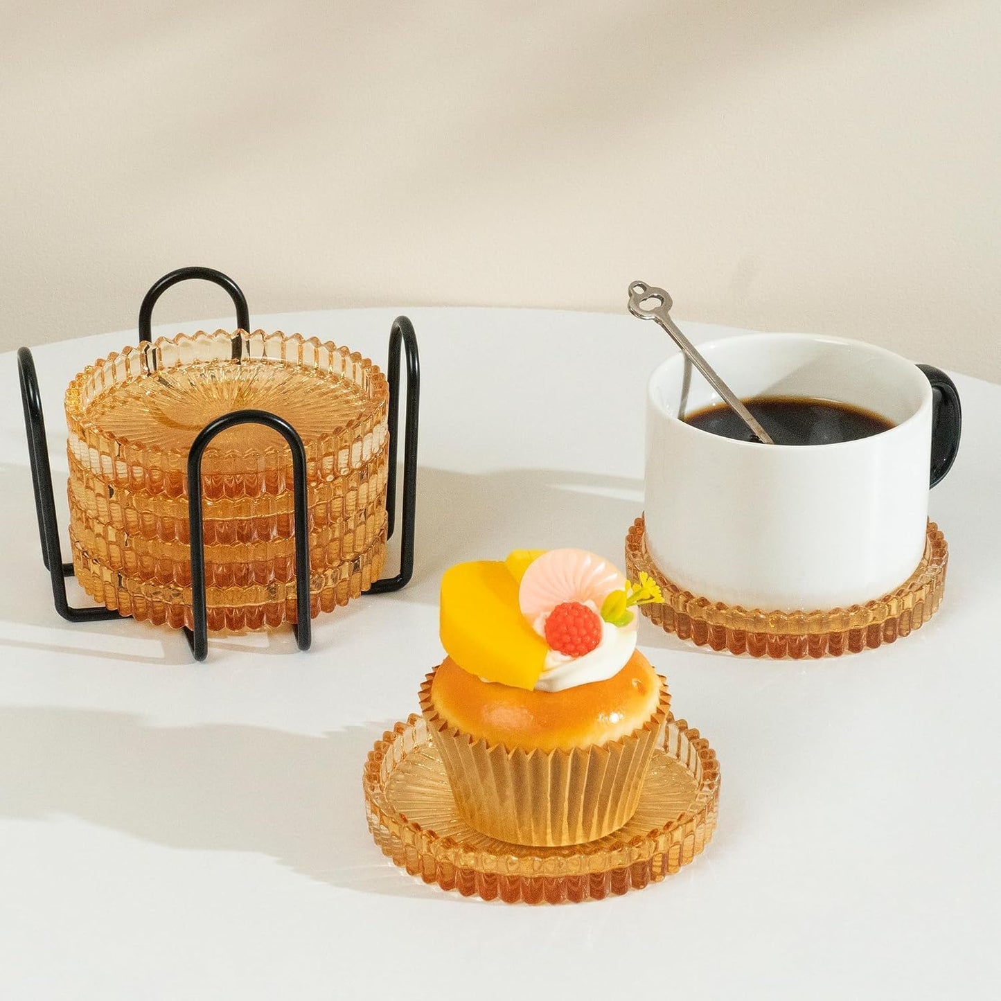 Holder Crystal Coaster Round Cup Coasters Coffee Table / Amber / Clear / Set of 6