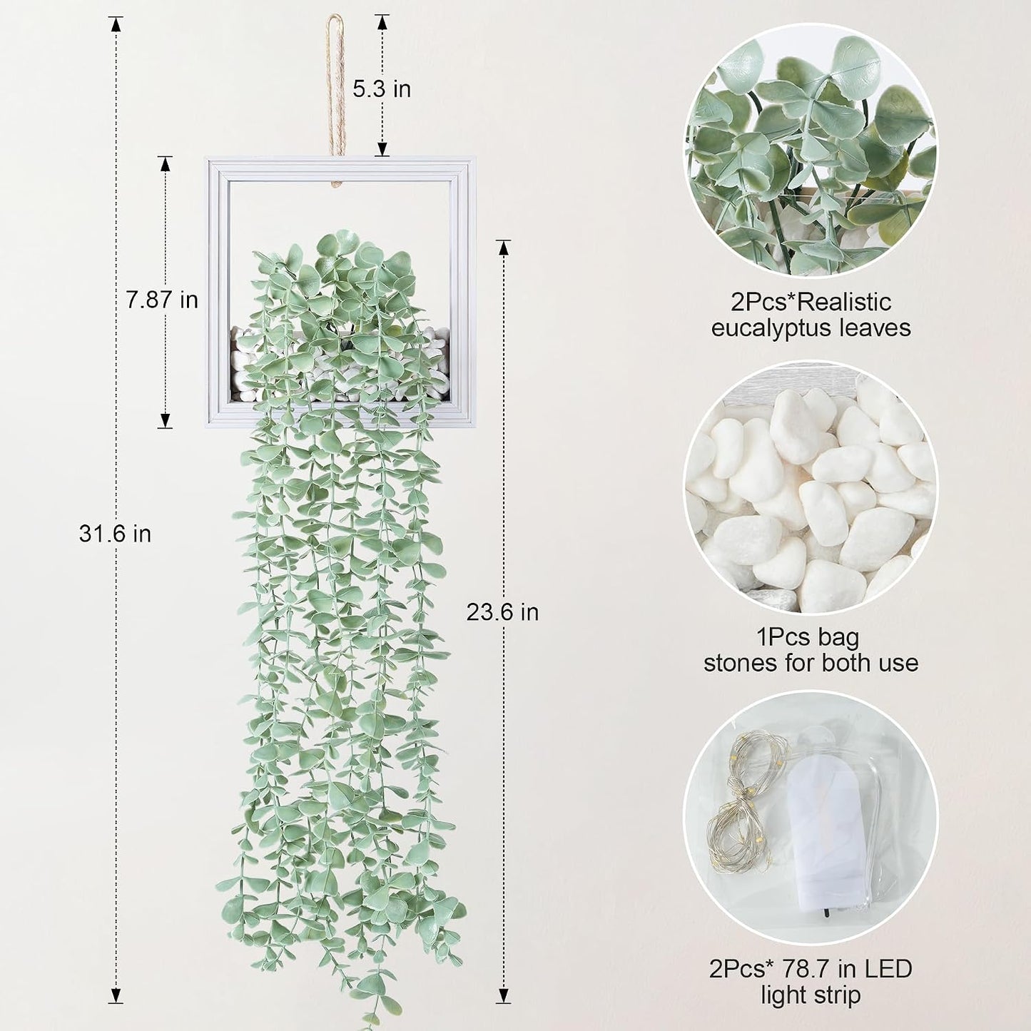 Artificial Eucalyptus Vines in Square Wooden Frame / 7.8" White / Set of 2