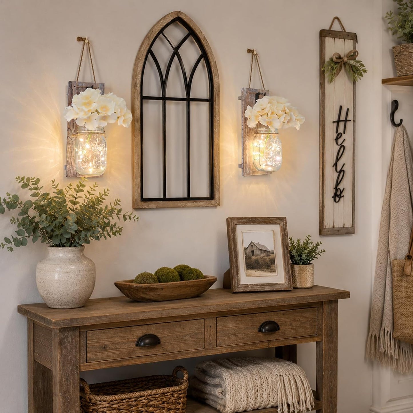 Rustic Mason Jar Sconces Wall Decor / 11"H Brown + Hydrangea / Set of 2