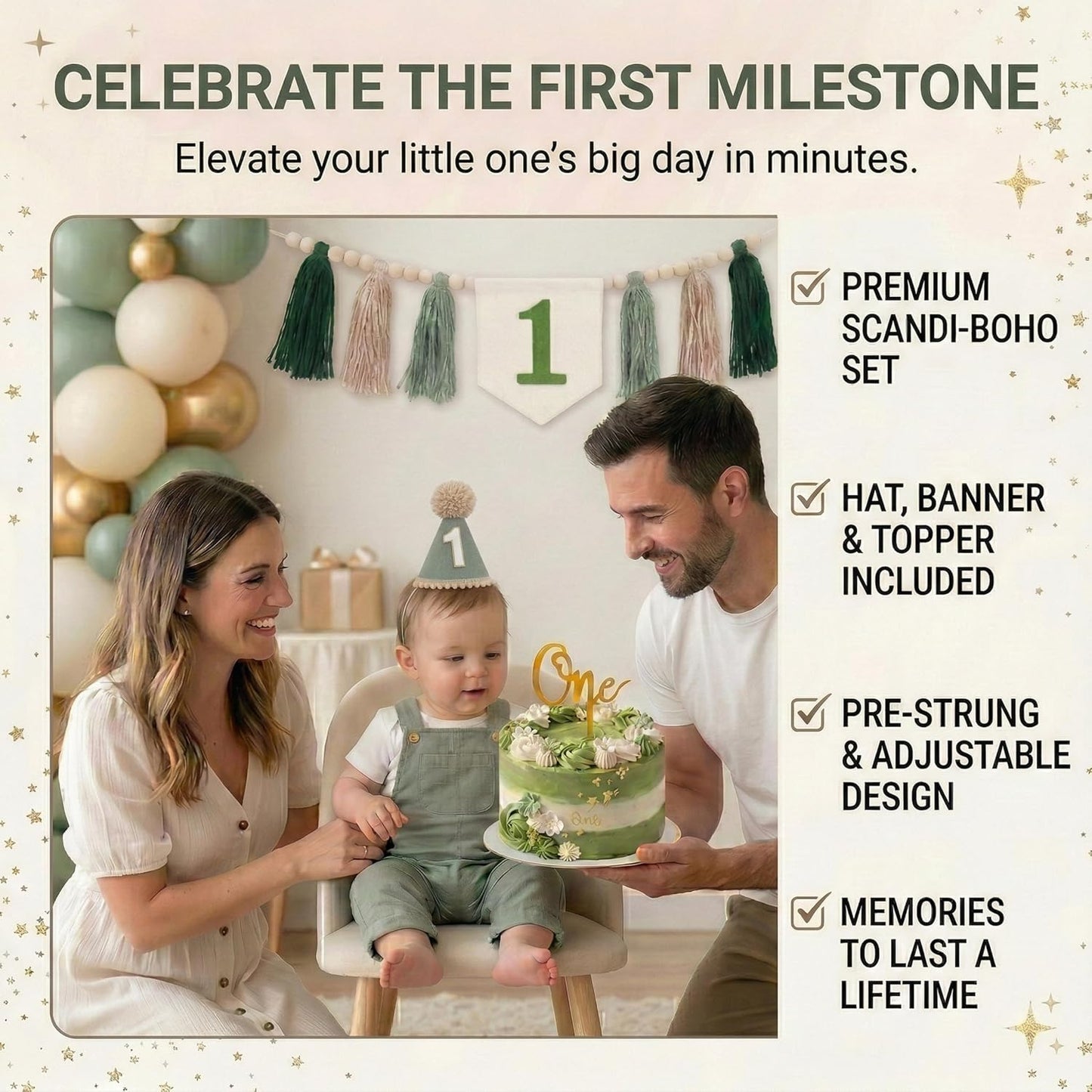 Cone Hat And Cake Topper Wood Bead Tassel Garland First Birthday Decorations / Green