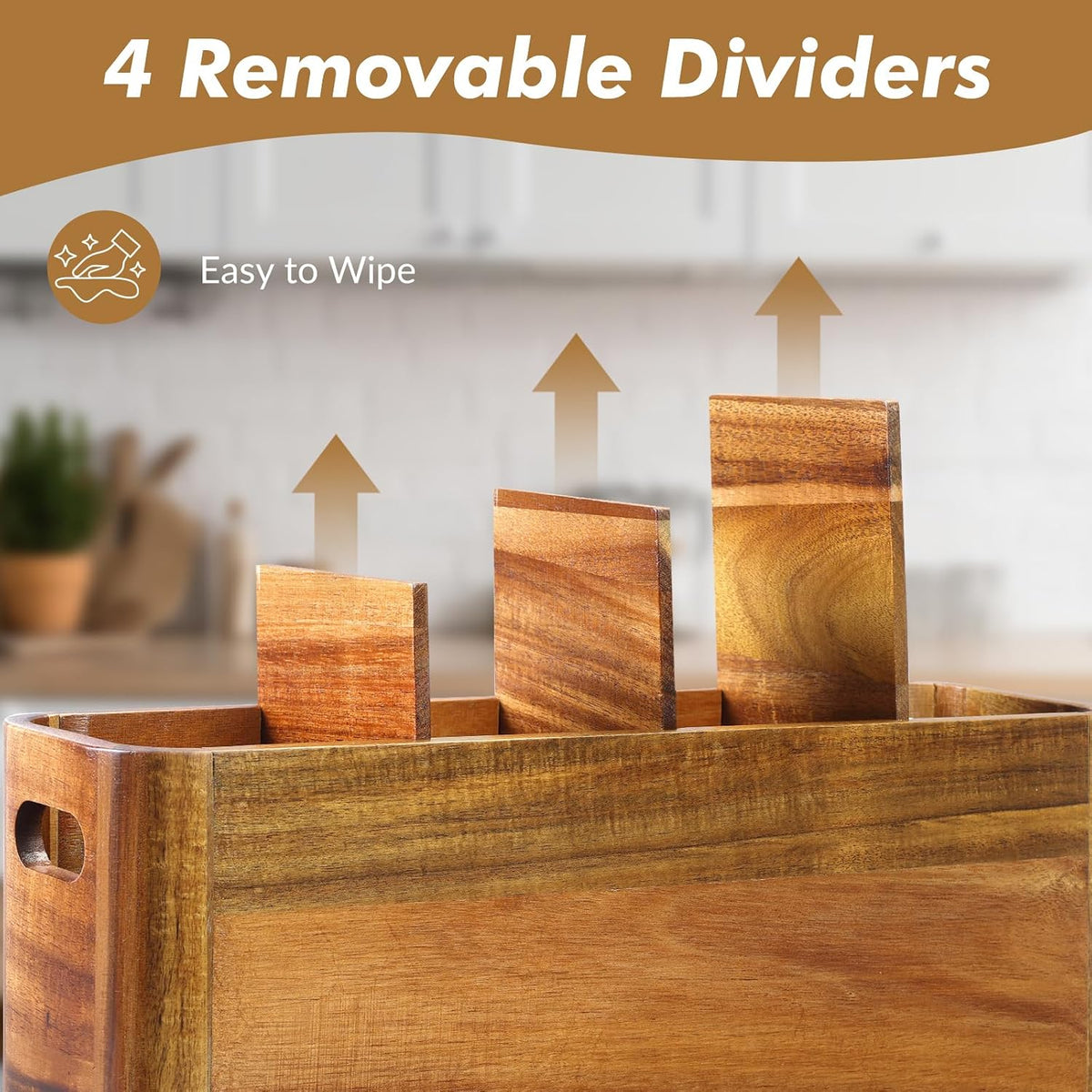 Kitchen Utensil Holder for Counter or Countertop, Extra Large Acacia Wood Organizer with 4 Compartments, Wooden Storage