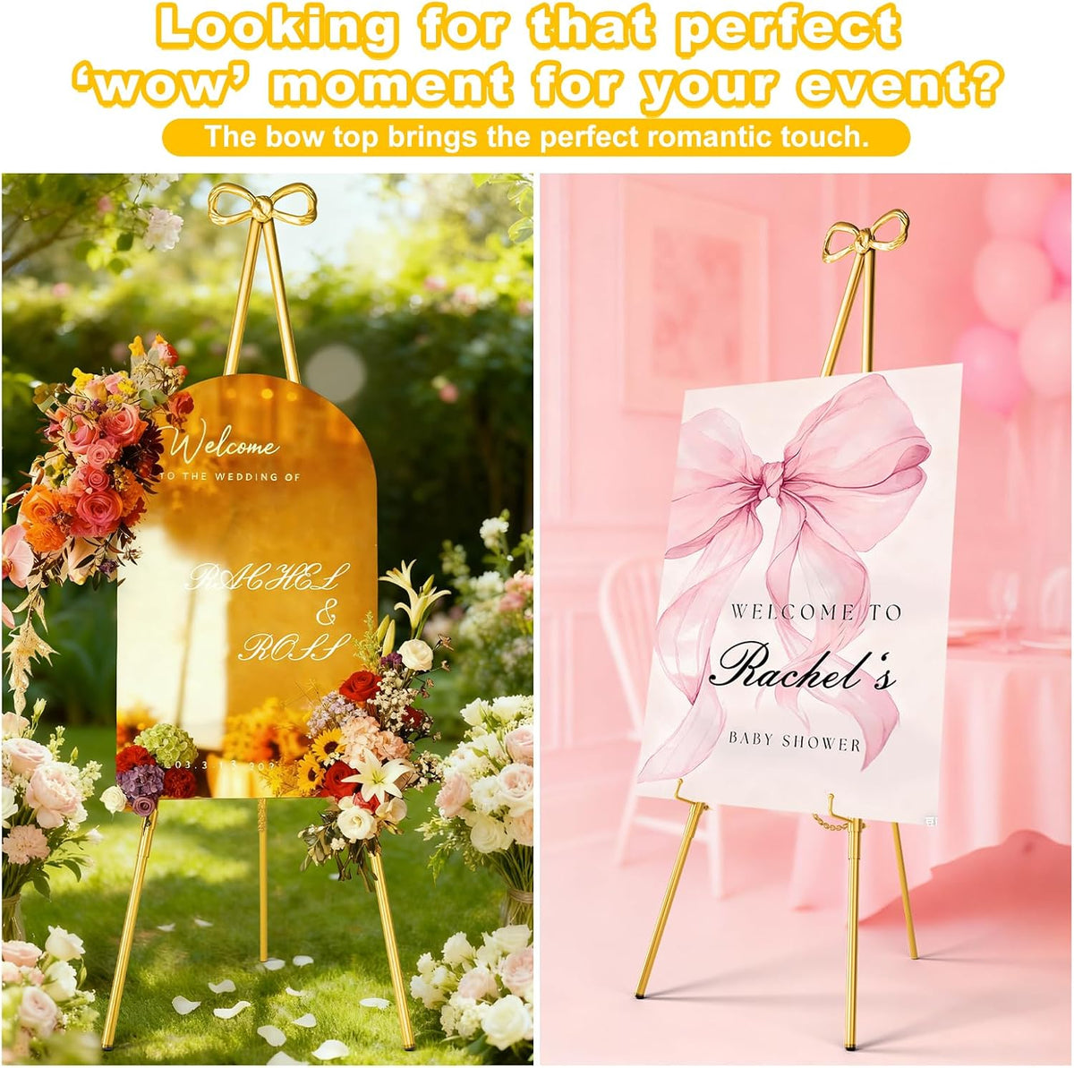 Interchangeable Bow & Star Top Gold Easel Stand for Sign, 62"–47" Height Adjustable Heavy Duty Wedding Easel Stand with