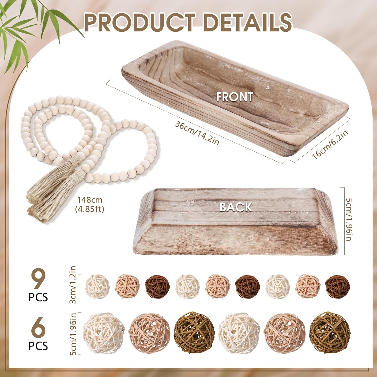Wooden Centerpiece Table Decorations Wood Dough Bowl Wicker Rattan Balls Beads / White / Set of 17