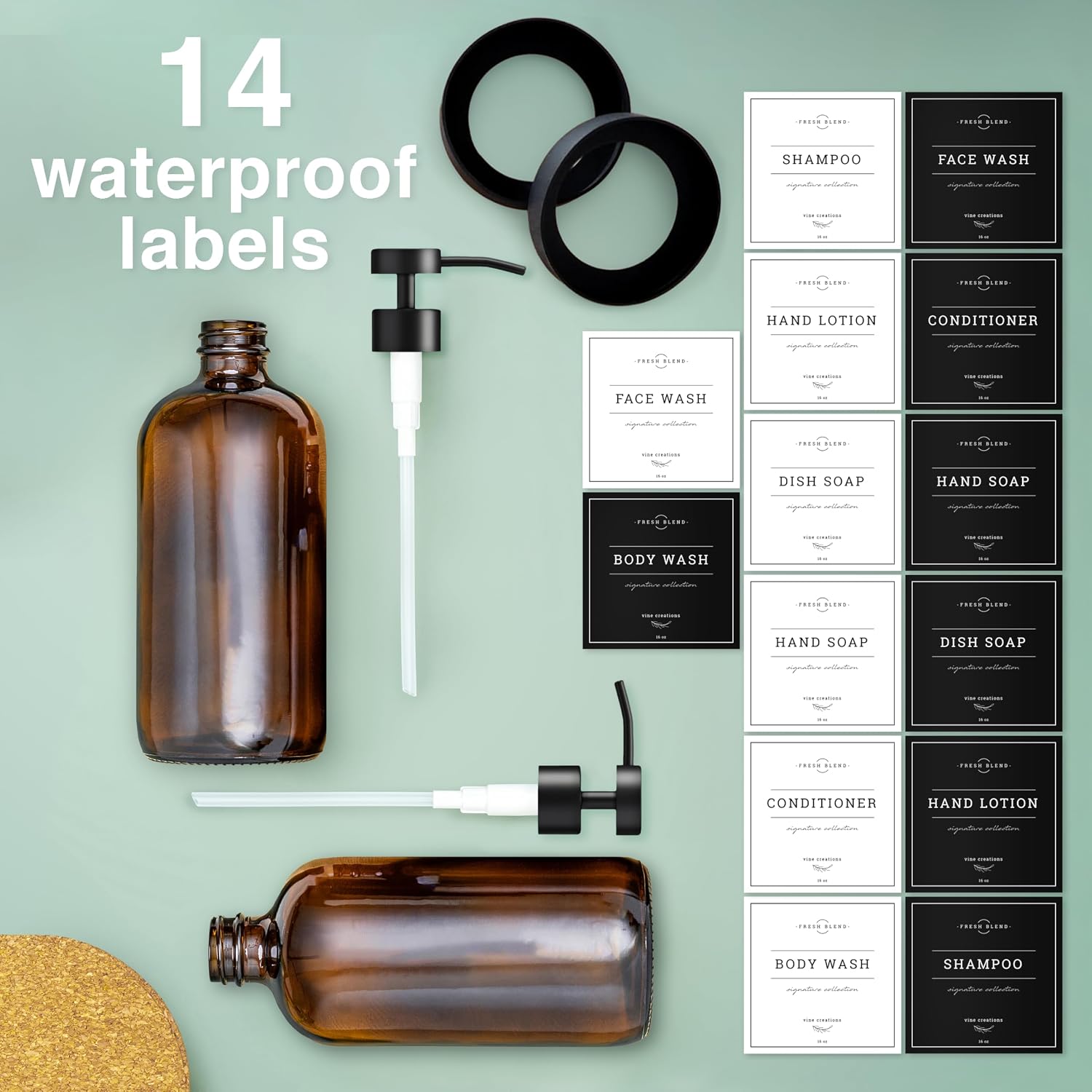 Vine Creations Amber Glass Soap Dispenser Set - Kitchen Soap Dispenser Set with Stainless Steel Pump - 16 oz Dish Soap