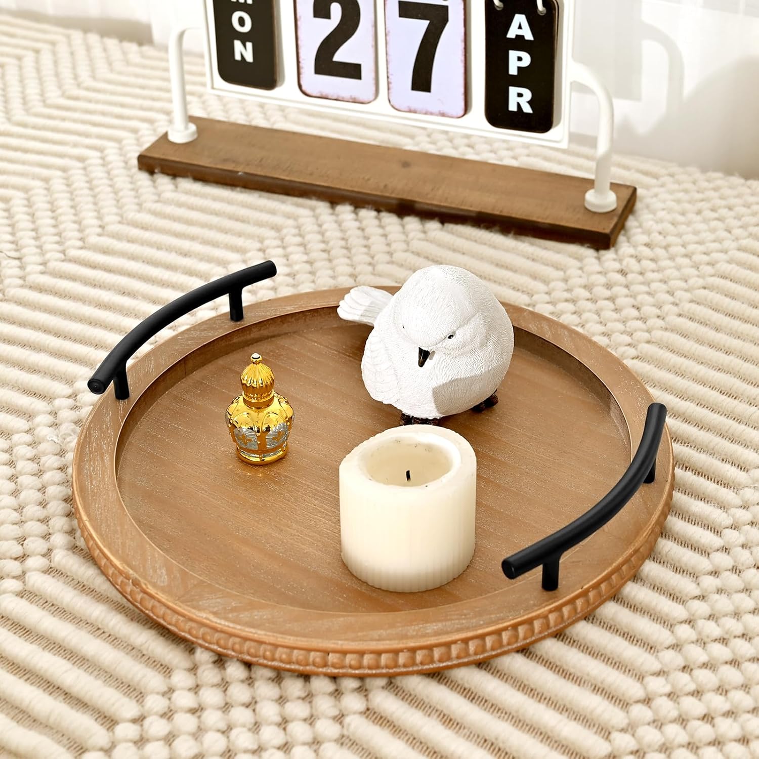 Wooden Beaded Serving Tray / Brown / Set of 13