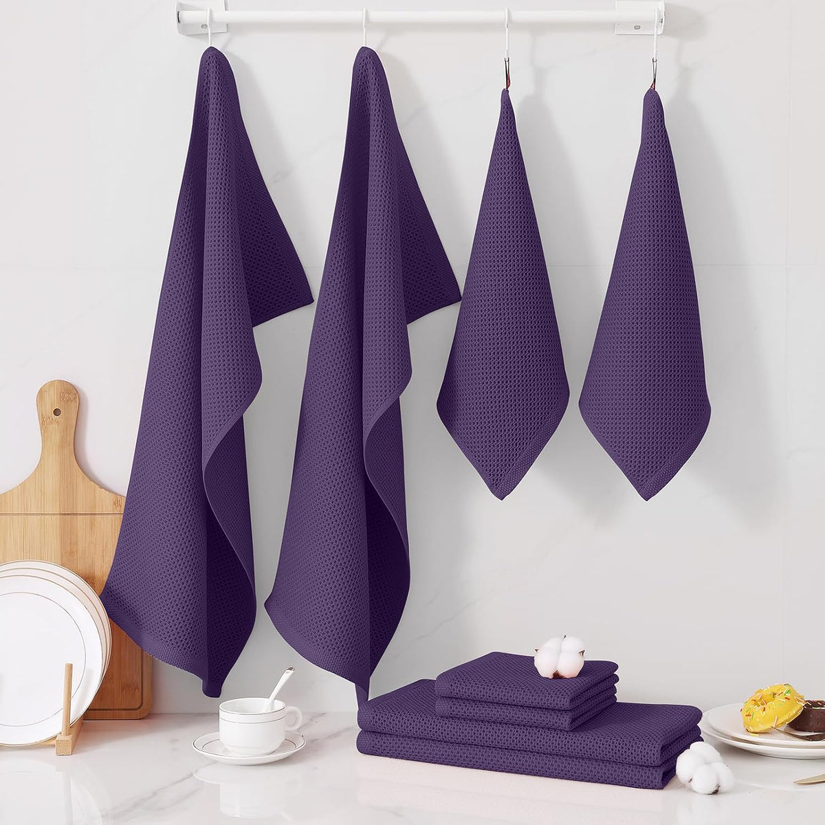 Homaxy 10 Pack 100% Cotton Kitchen Towels and Dishcloths Set, Eggplant | 12 x 12 Inches and 13 x 28 Inches Kitchen