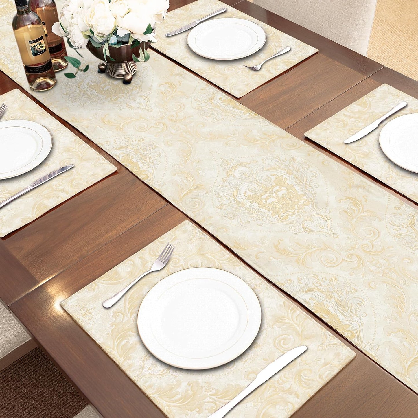 Loom and Mill Elegant Damask Table Runner 13x108 inch, Champagne Gold | Double Layer Design Jacquard Dining Table