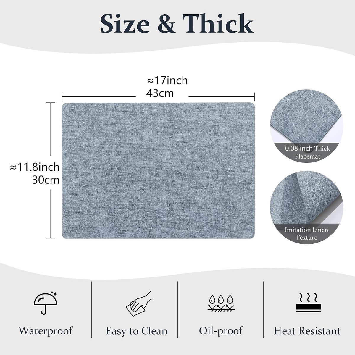 FROMHEART Faux Leather PU Placemats Set of 8 (Light Blue,11.8" x 17") | Waterproof,Heat/Oil Stain-Resistant Table