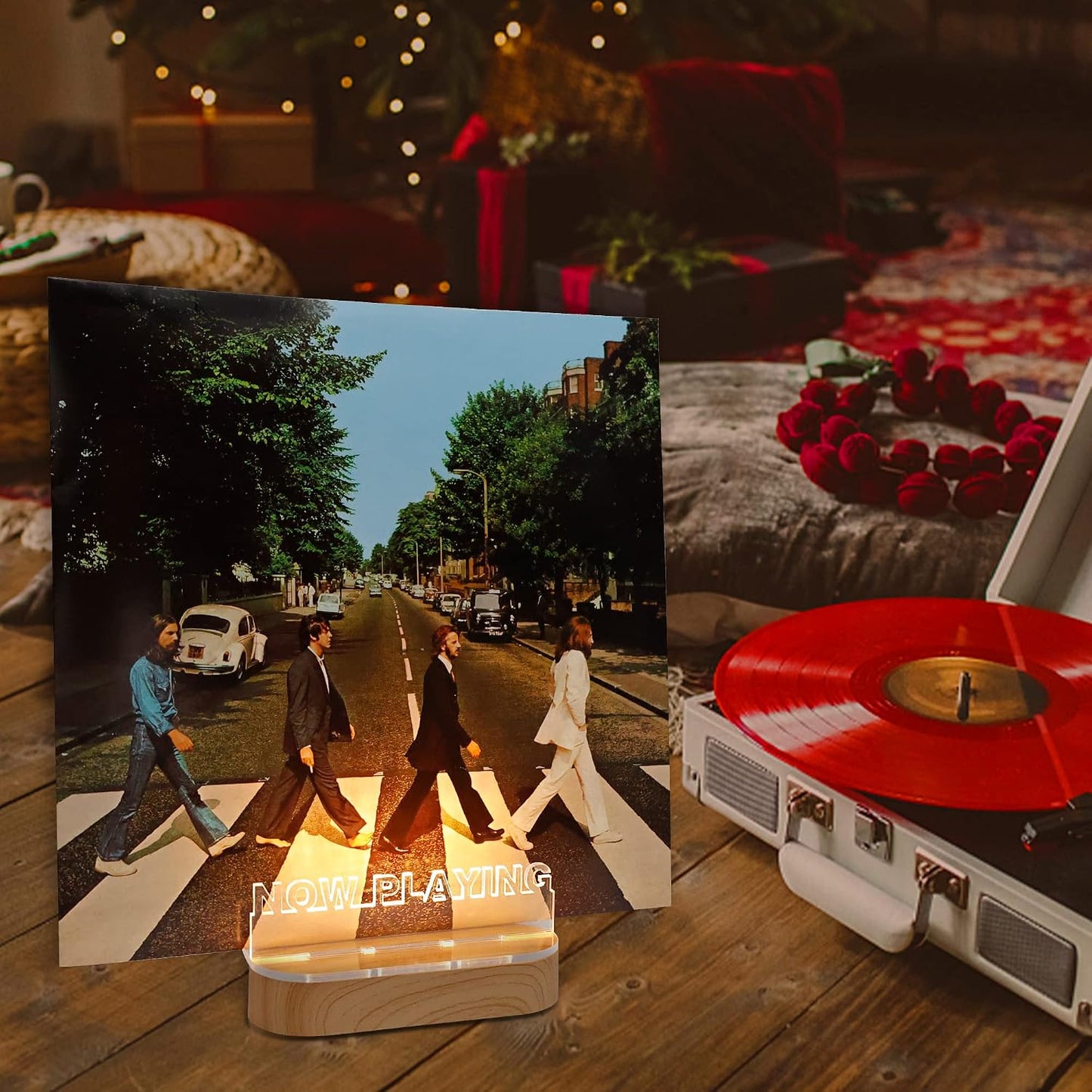 YuanDian Light up Now Playing Vinyl Record Stand, Now Spinning Record Stand, Wooden Acrylic Holder for Album Display