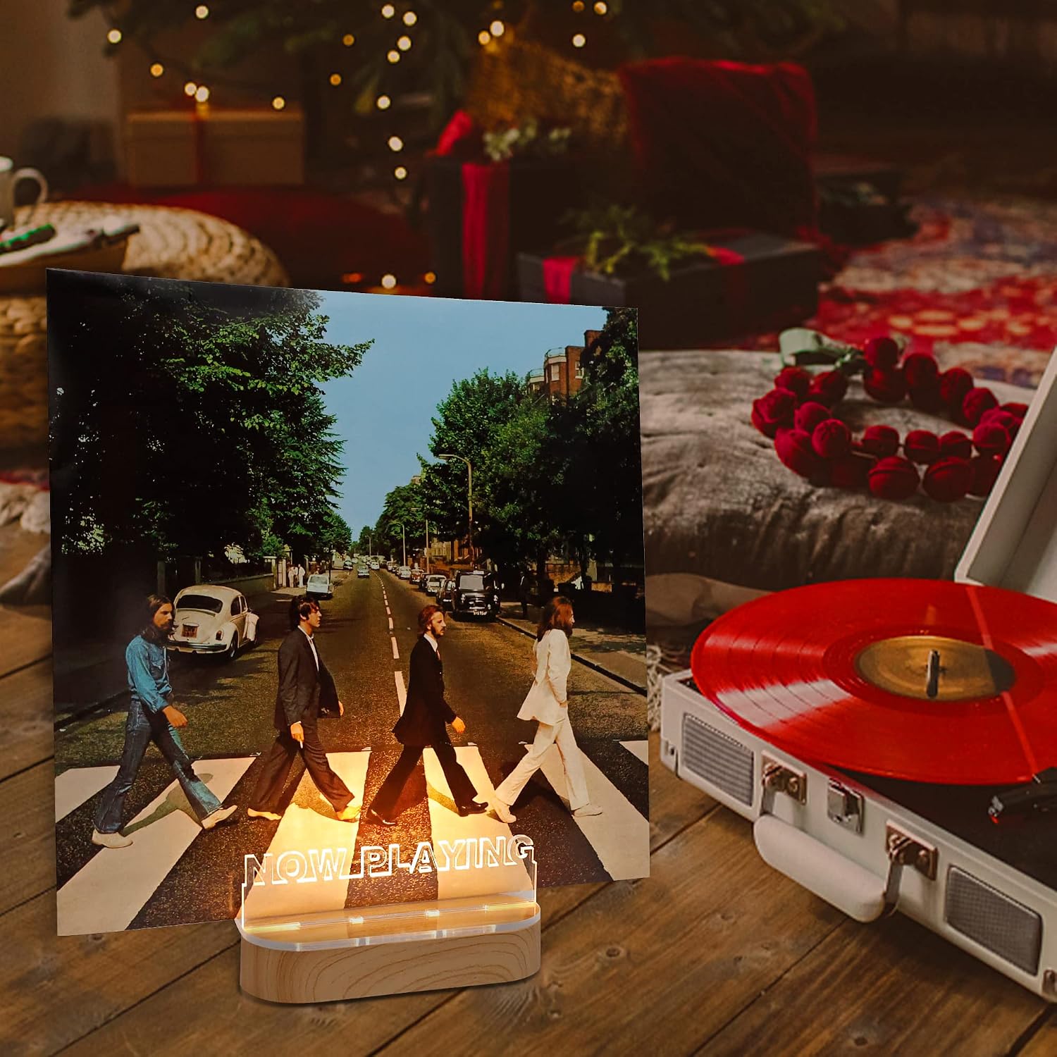 YuanDian Light up Now Playing Vinyl Record Stand, Now Spinning Record Stand, Wooden Acrylic Holder for Album Display