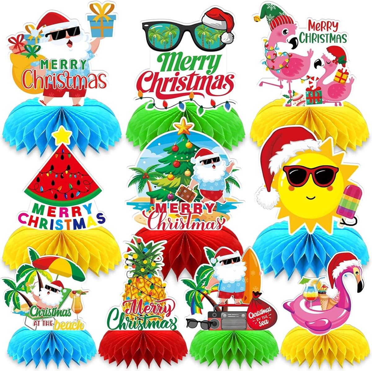 10 Pcs Summer Christmas Decorations, July Summer Christmas Table Honeycomb Hawaiian Christmas Party Toppers Summer Beach Decorations for Christmas Holiday Supplies