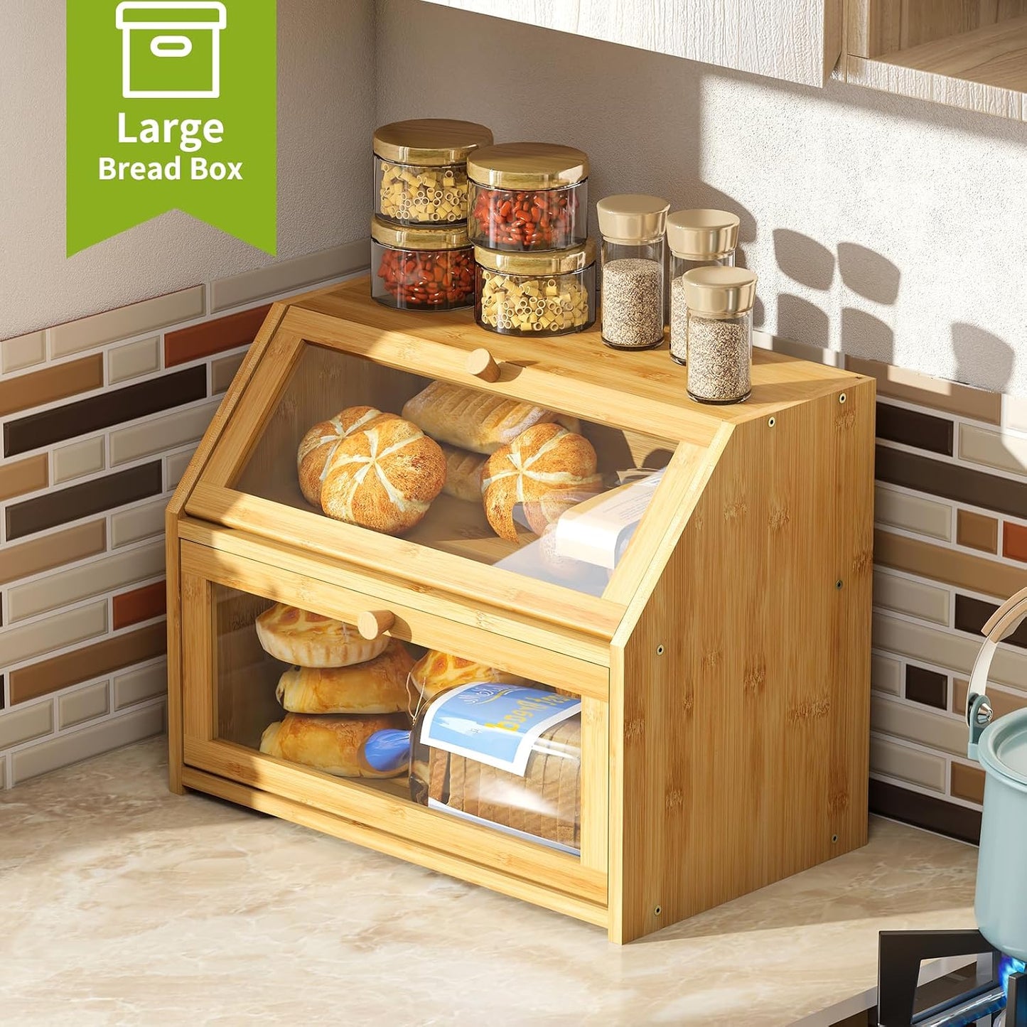BMOSU Farmhouse Bread Box for Kitchen Countertop Bread box Double Layer Bamboo Wooden Extra Large Capacity Bin Kitchen