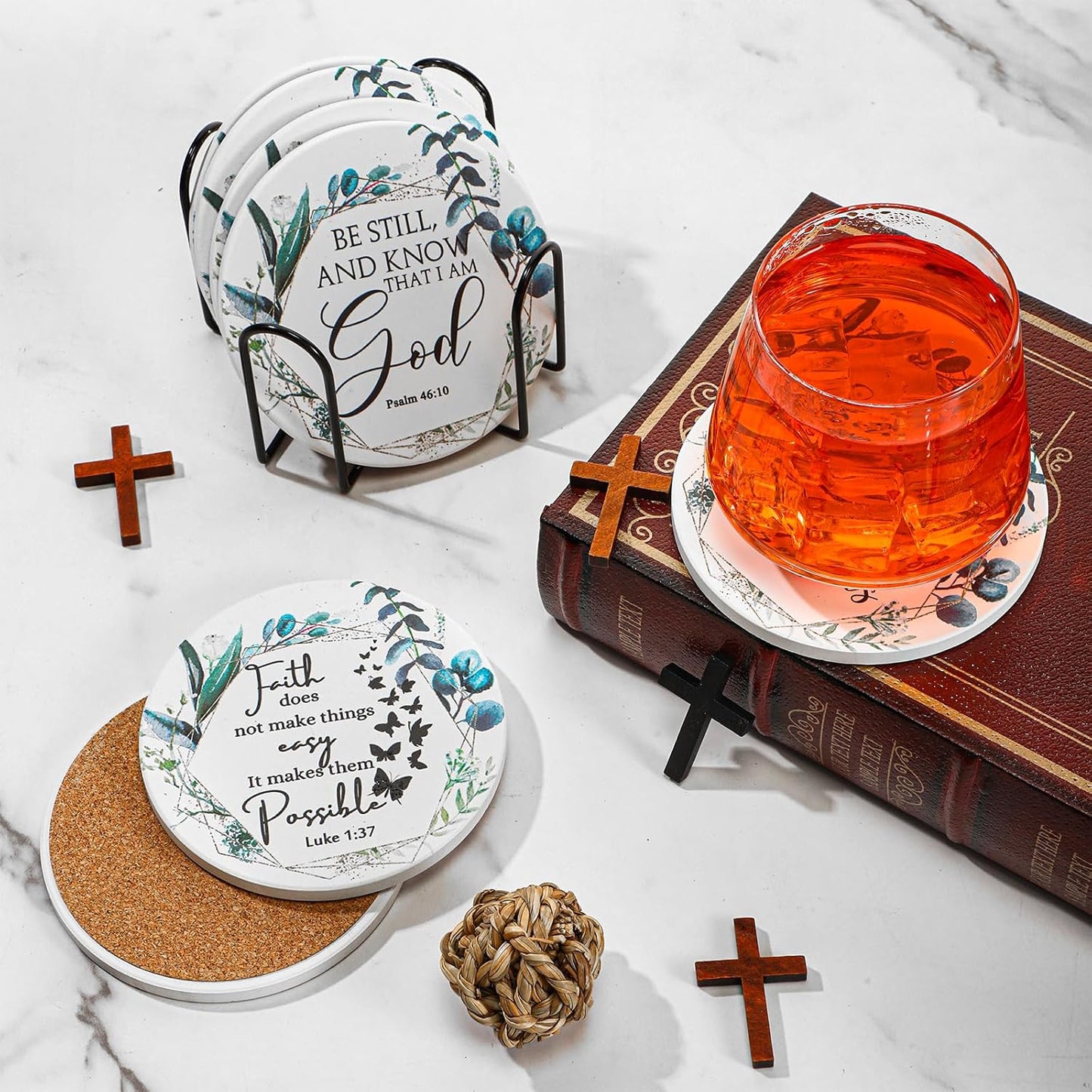 Christian Coasters Bulk for Church Religious Bible Verse Ceramic Cork / Leaf Style / Set of 12