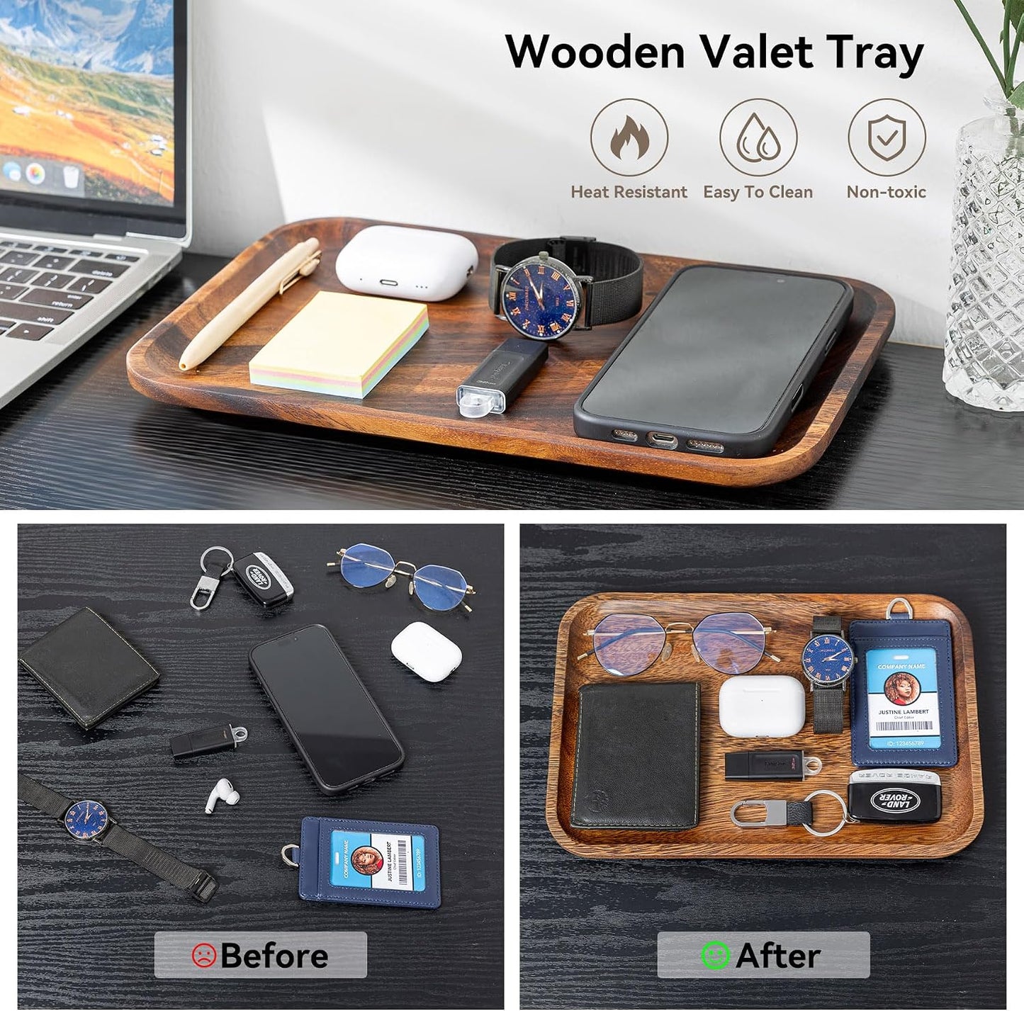 Serving Wood Valet Tray for Men Women / Set of 2
