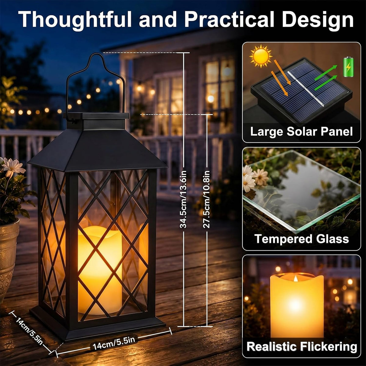Black Outdoor Solar Lanterns, 14'' Large Solar Lanterns Outdoor Waterproof | Tempered Glass Outdoor Lanterns with