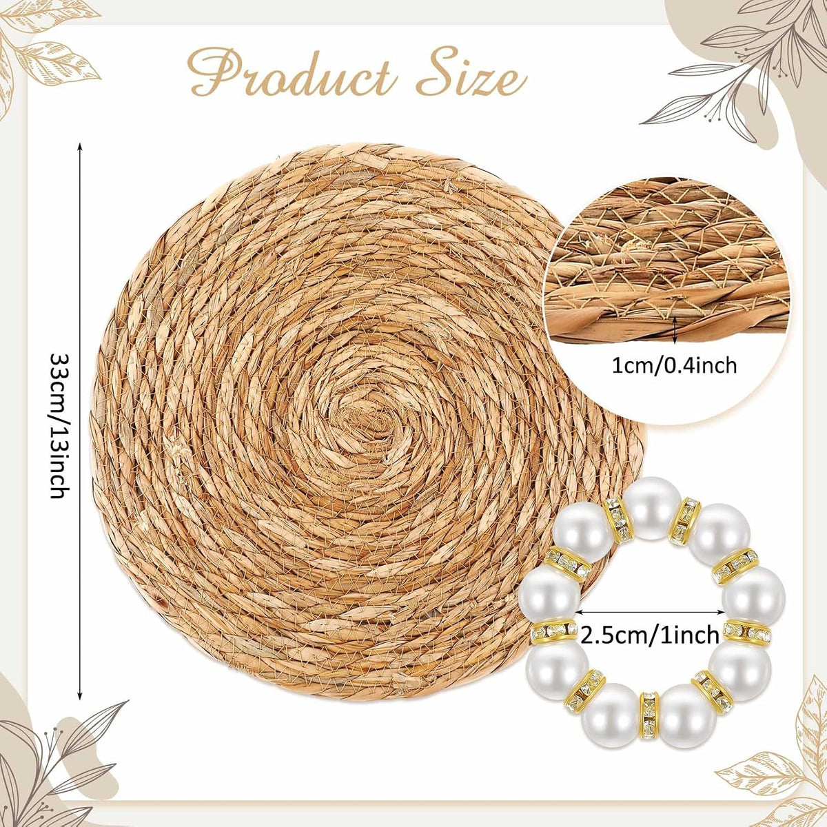 30 Pcs Cattail Round Woven Placemats Set, Cattail Placemats with Pearl Napkin Rings Boho Farmhouse Rustic Woven