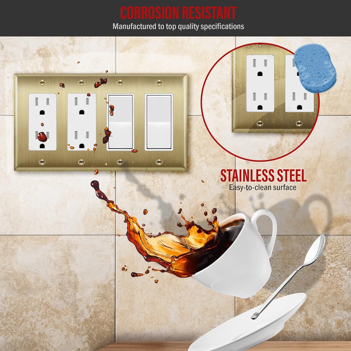 ENERLITES Decorator Switch or Outlet Metal Wall Plate, Stainless Steel 201, Corrosion Resistant, Size 4-Gang 4.50" x