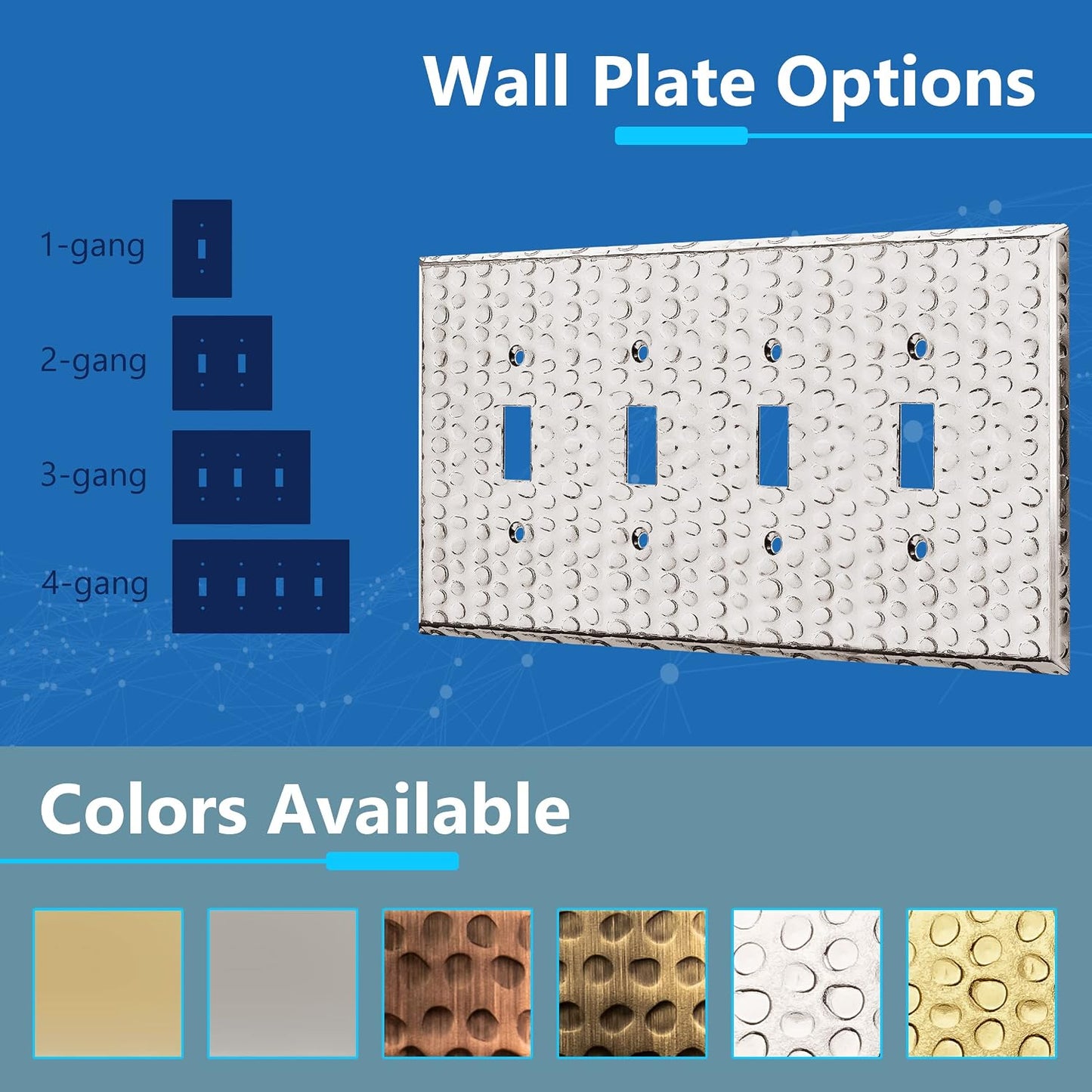 LIDER Toggle Light Switch Metal Wall Plate, SwitchCover, Mid-Size 4-Gang | Corrosion Resistant, Hammered Chrome