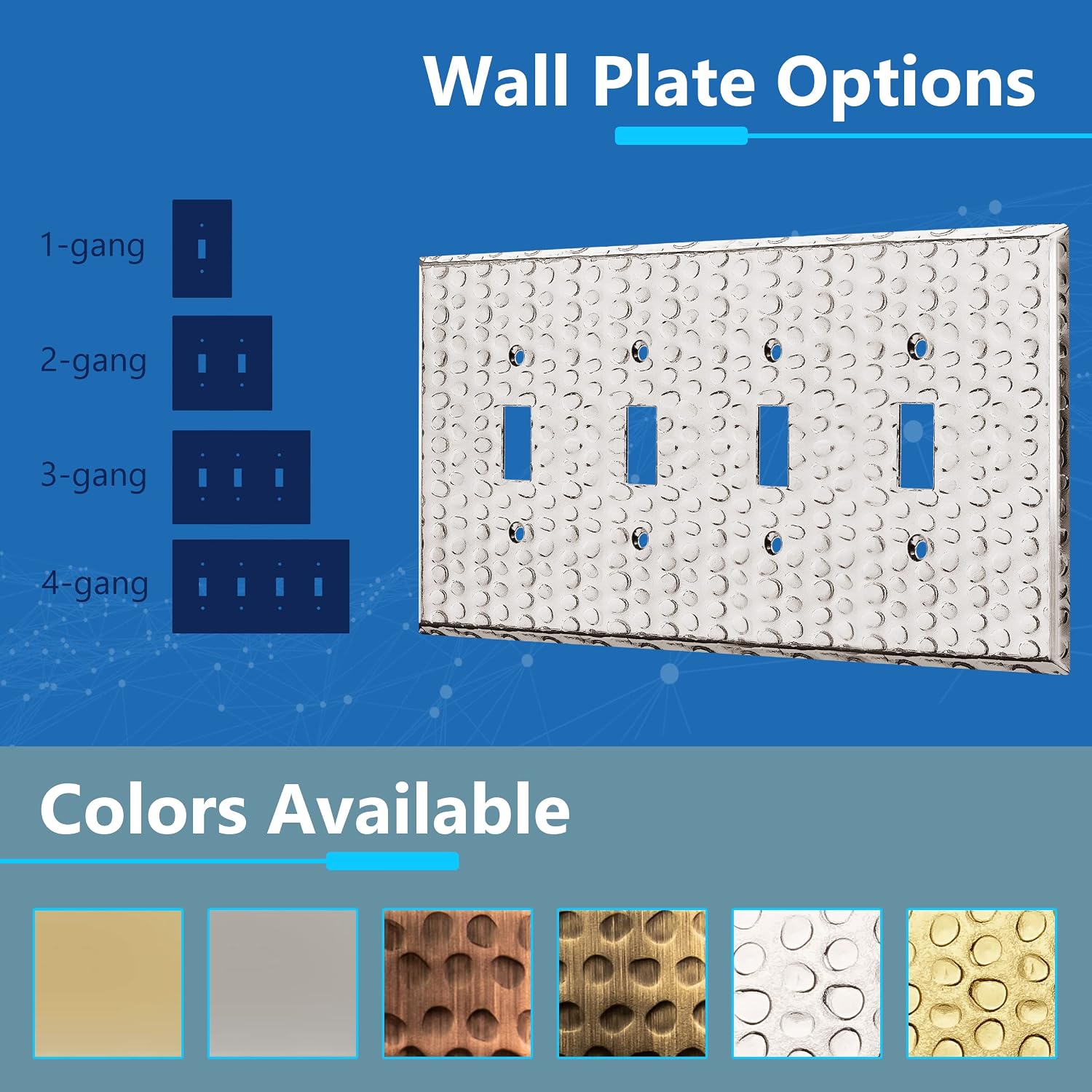 LIDER Toggle Light Switch Metal Wall Plate, SwitchCover, Mid-Size 4-Gang | Corrosion Resistant, Hammered Chrome