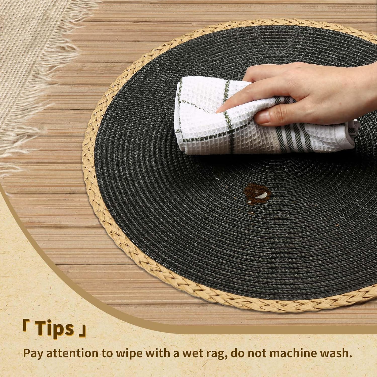 Round Placemats Set of 8, Woven Table Mats, Thin Edge, Black | Braided Paper Edge, 15 Inch Diameter, Fits Dinner Plate