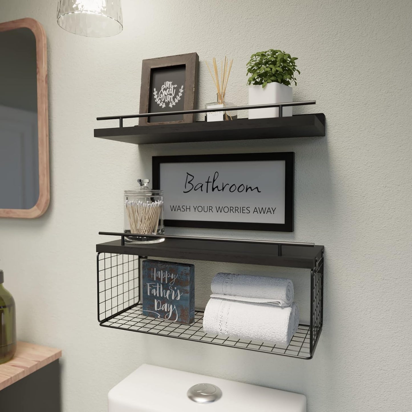 Floating Shelves for Bathroom Decor Art, Modern Black | Bathroom Organizers and Storage, Wall Shelves Over Toilet with