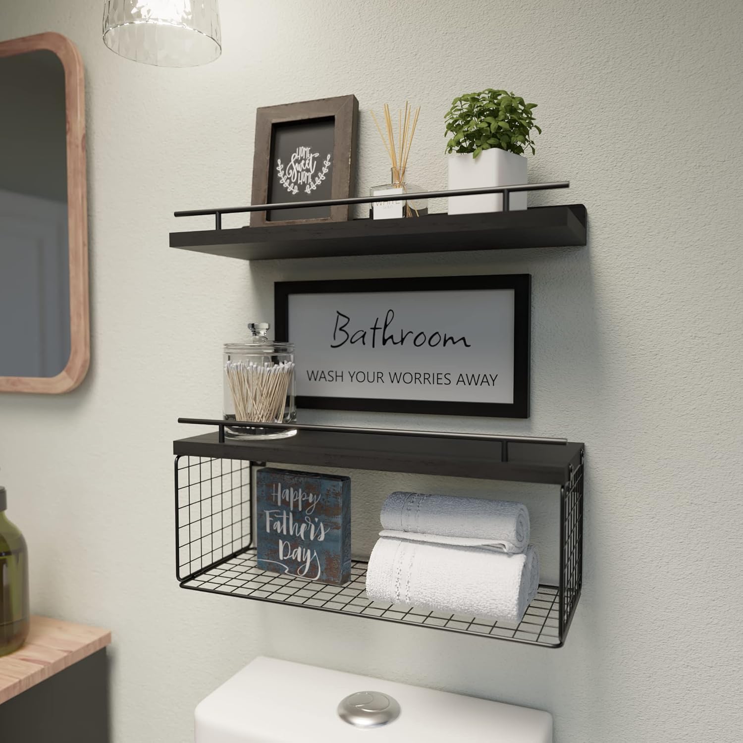 Floating Shelves for Bathroom Decor Art, Modern Black | Bathroom Organizers and Storage, Wall Shelves Over Toilet with