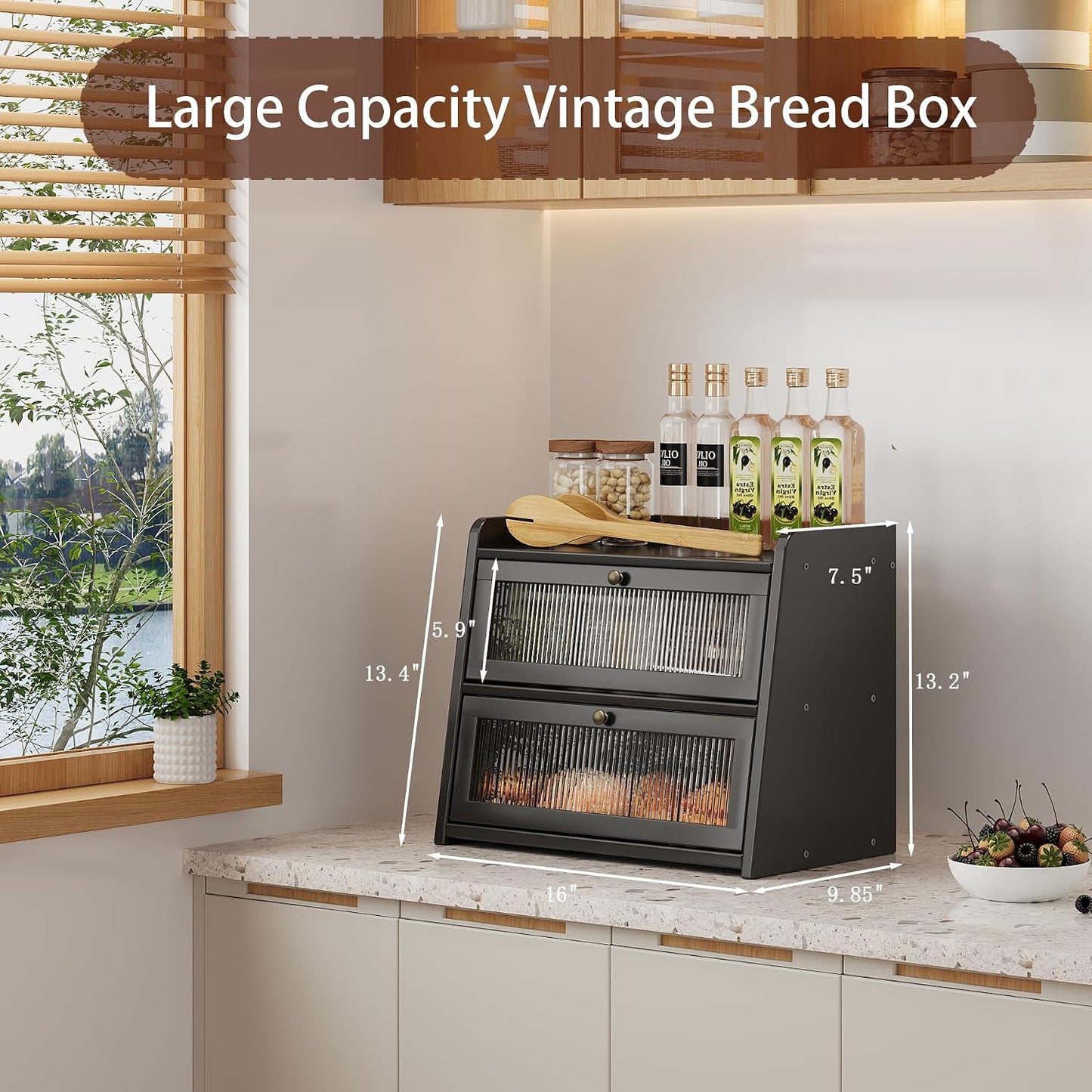 Double Layer Large Bamboo Bread Box for Kitchen Counter, Wooden Large Capacity Bread Storage Bin with Window Bread