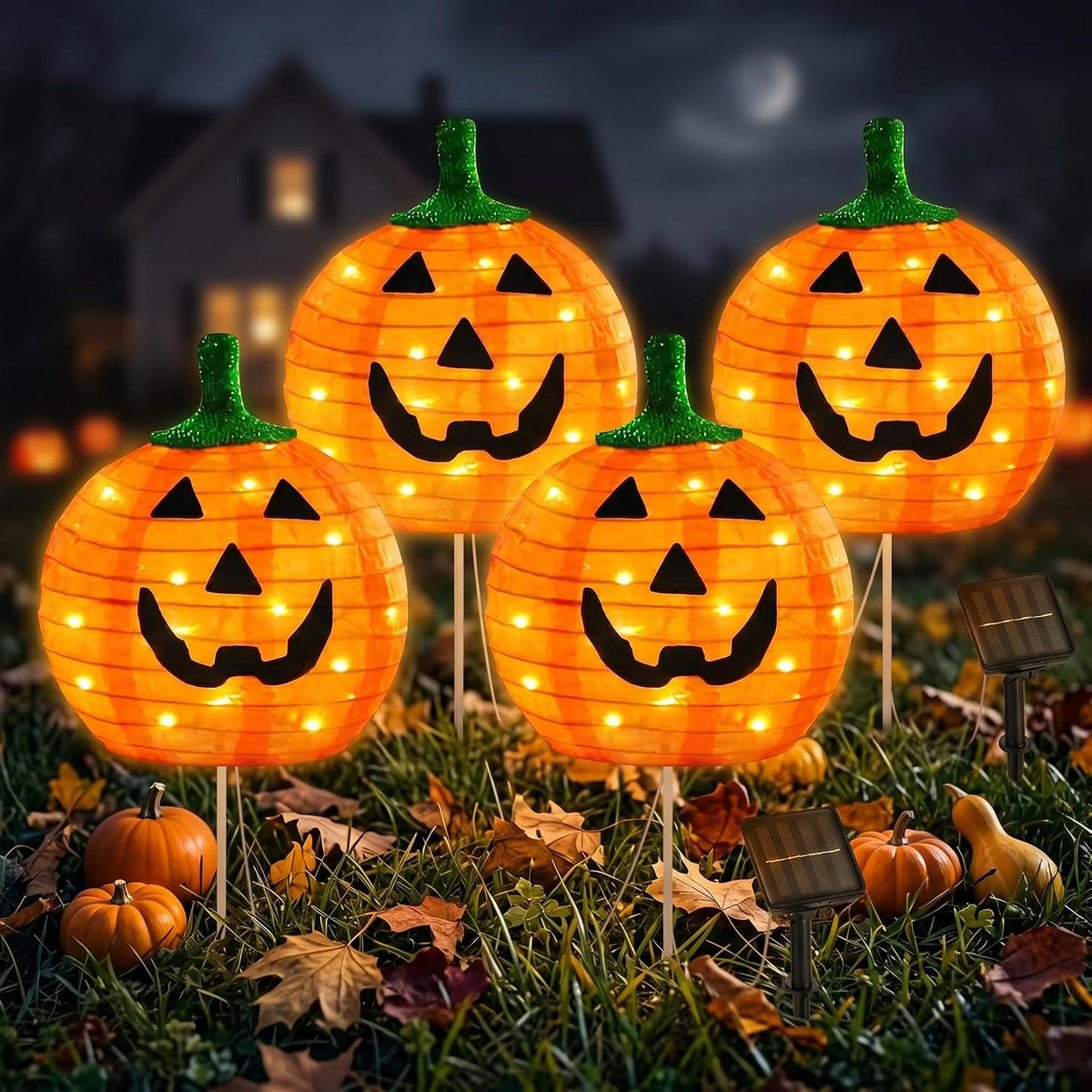 BRIGHTDECK Halloween Solar Pathway Lights Outdoor, LED Decor, Light Up Solar Stake Lights for Holiday, Halloween, Walkway, Sidewalk (Foldable Pumpkin, 4-Pack)