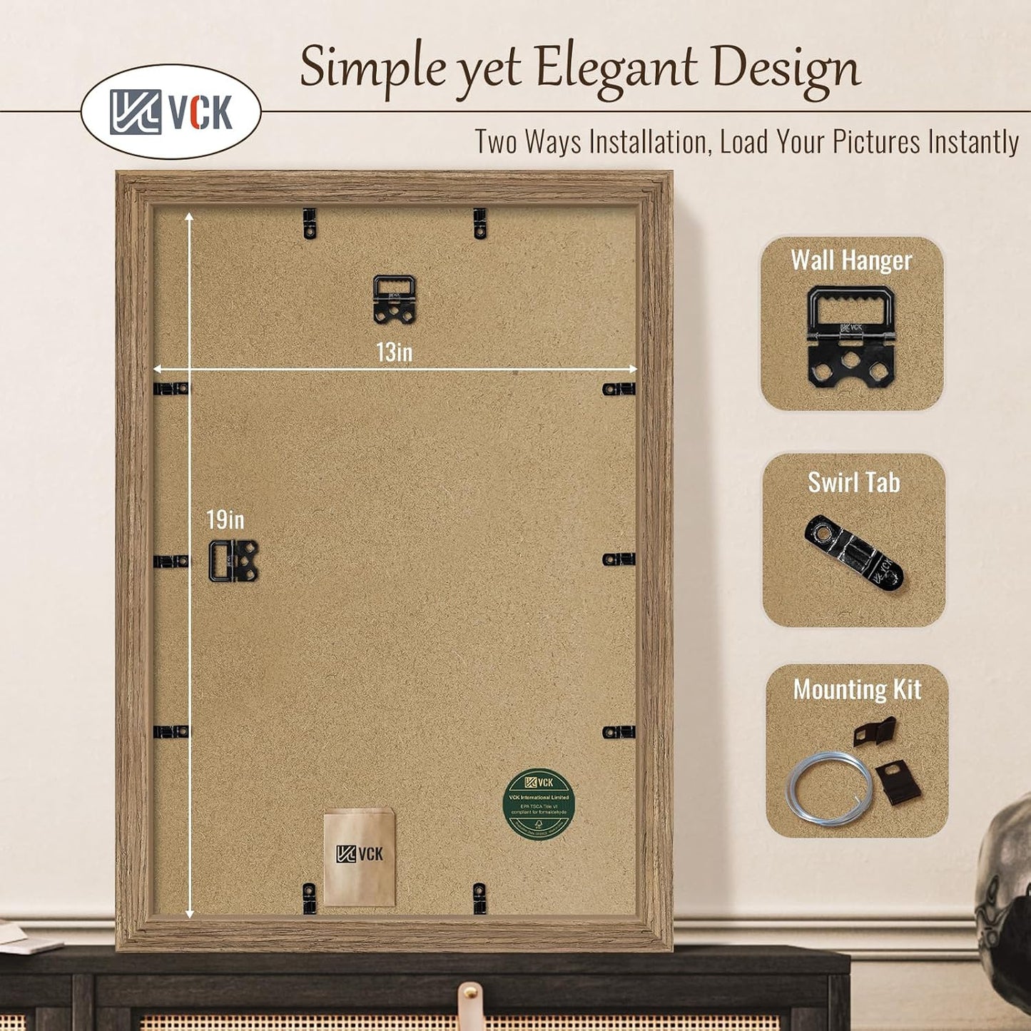 VCK 13x19 Frames 3 Pack, Walnut Poster Frame MDF Wood with Polished Plexiglass, Wall Mounting Horizontal & Vertical